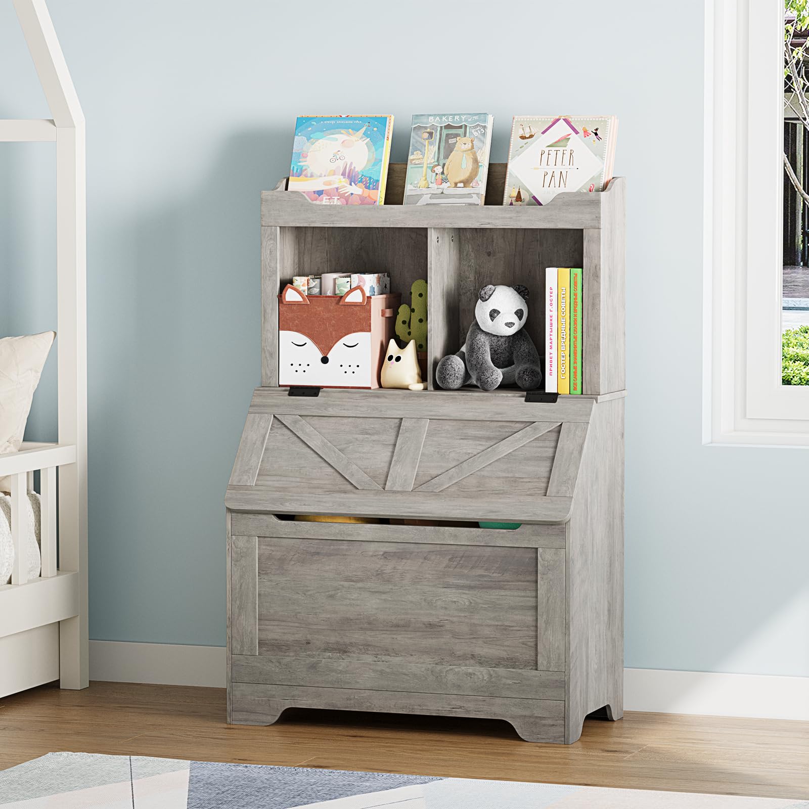 Wooden Kids Bookshelf and Toy Storage Organizer - Large Flip-top Toy Box with Cubby & 3-Tier Bookcase for Playroom, Bedroom, Nursery, Kindergarten - Perfect for Organizing Toys, Books & Kids' Belongings in Home & School