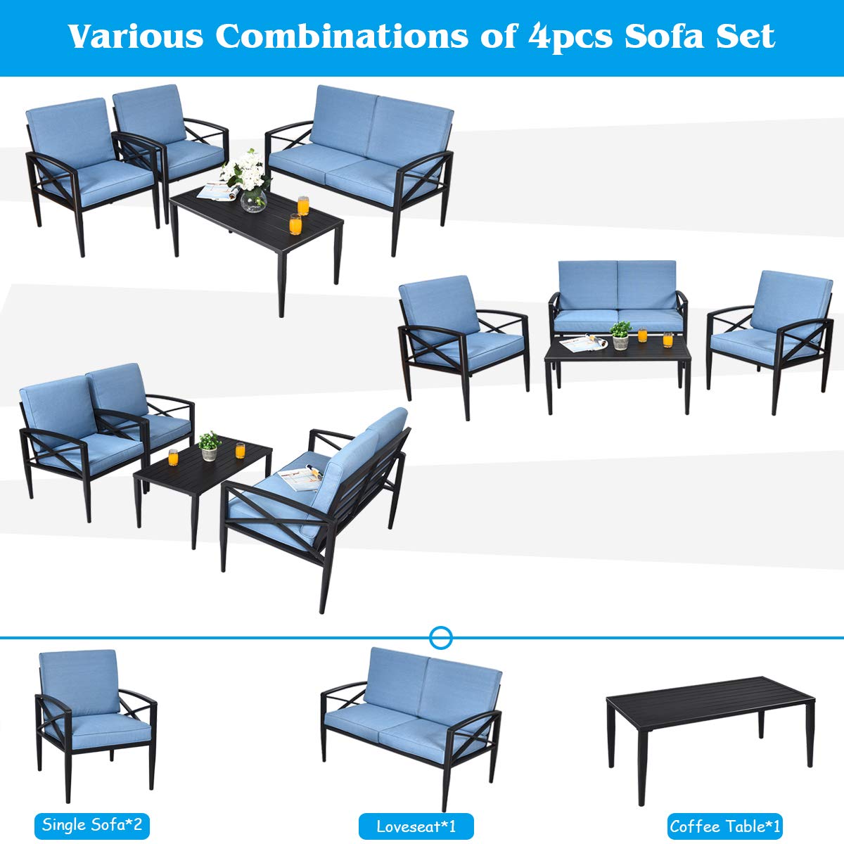 Tangkula 4-Piece Outdoor Aluminum Patio Conversation Set - 1 Loveseat, 2 Single Sofas & Coffee Table with Padded Cushions - Weather-Resistant Garden, Yard, Poolside & Backyard Furniture (Blue) - Perfect for Relaxing, Entertaining & Outdoor Gatherings
