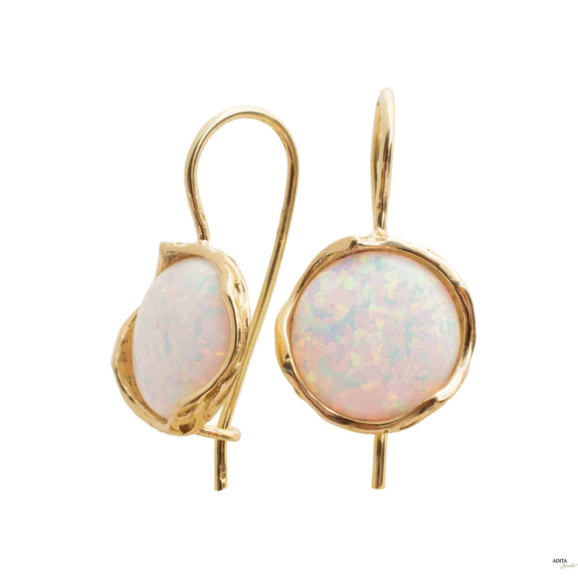 14K Solid Yellow Gold White Opal Dangle Earrings for Women - Big Cabochon Stone Dainty Jewelry - Perfect Graduation, Birthday & Mother's Day Gift - Elegant Everyday Wear & Special Occasion Accessories