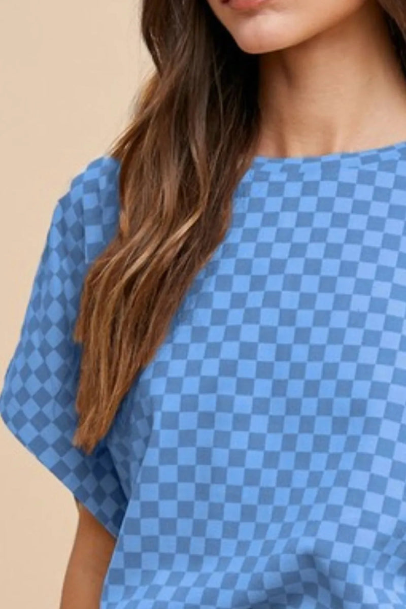 Annie Wear Women's Checkered Round Neck Short Sleeve T-Shirt - Casual Summer Top for Outfits, Streetwear & Everyday Wear