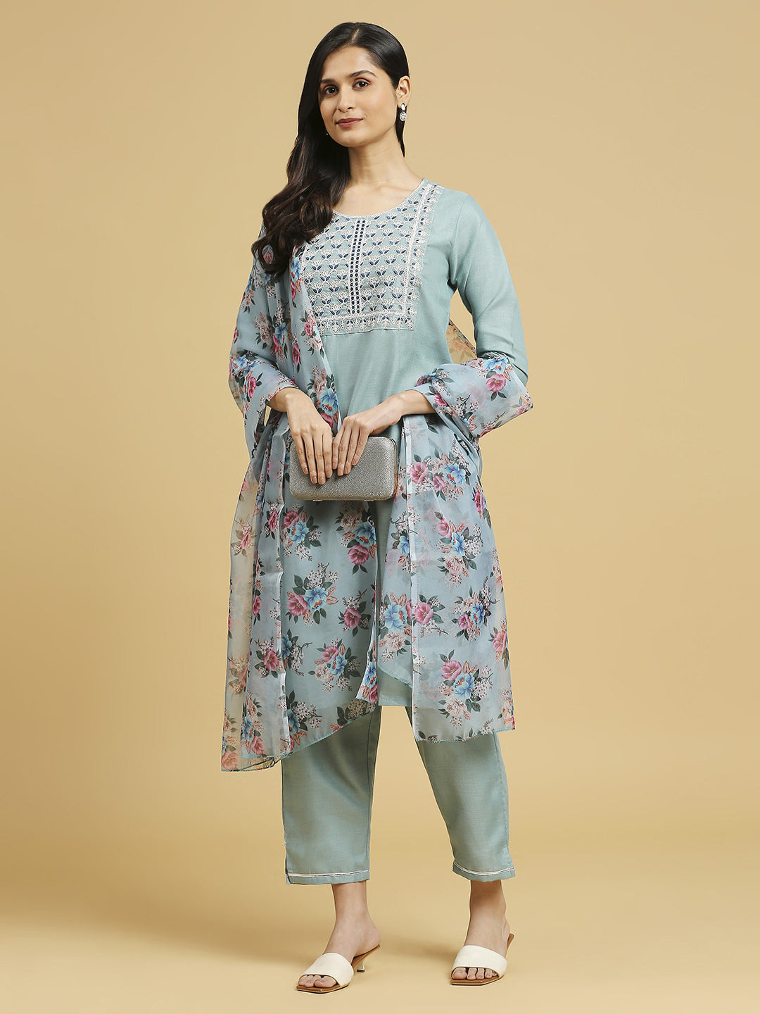 Trendy Aqua Blue Floral Printed Cotton Pant Suit for Women - Elegant Designer Outfit for Parties, Weddings & Office Wear