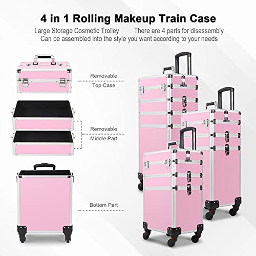 4 in 1 Rolling Portable Makeup Storage Box - Large Cosmetic Organizer Train Case with Wheels for Women & Girls | Travel, Salon, Home & Professional Makeup Artist Use