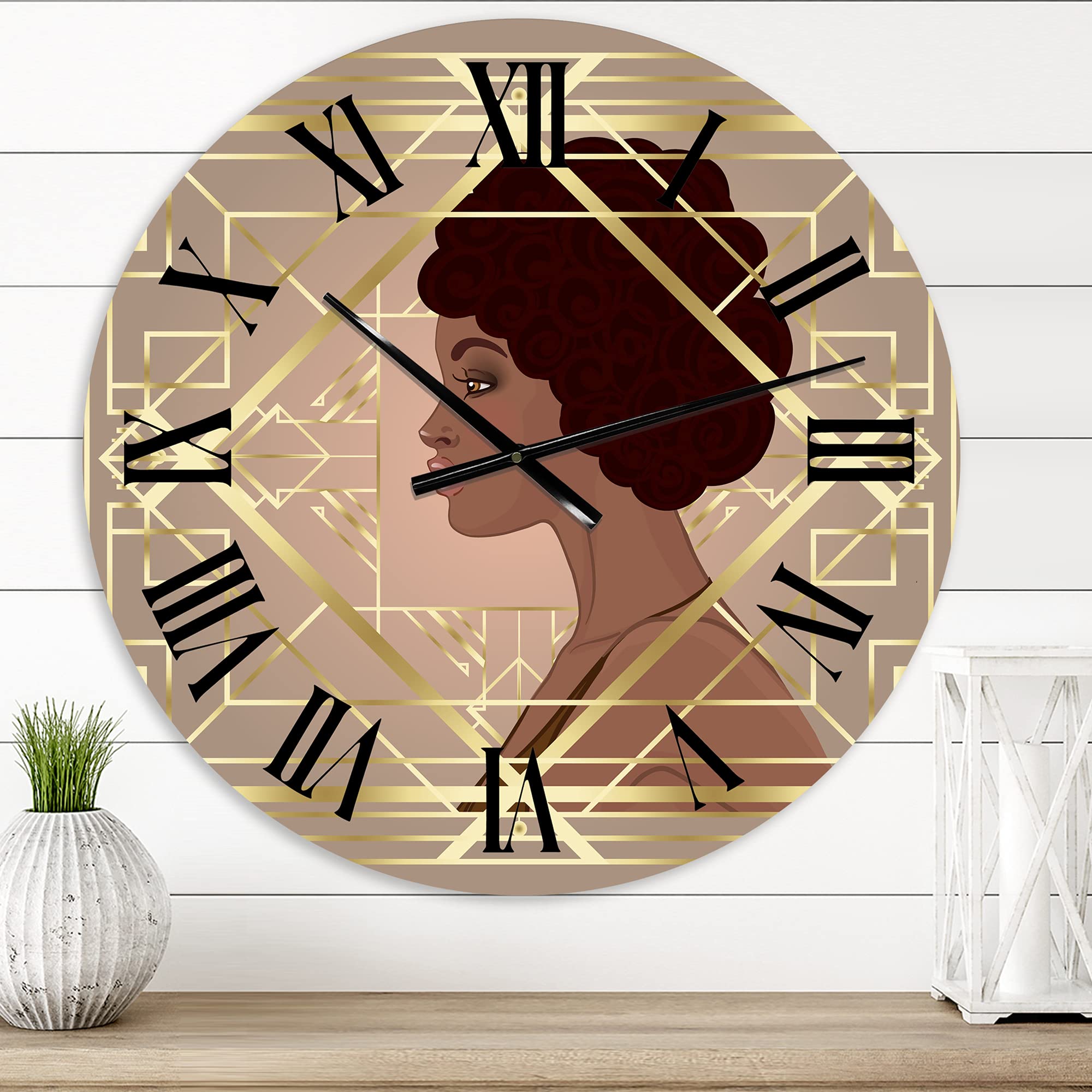 DesignQ Modern Wall Clock - Retro Women in Golden Art Deco Geometrics II - Large Decorative Wall Clock for Office, Living Room & Bedroom - Perfect for Home & Office Decor