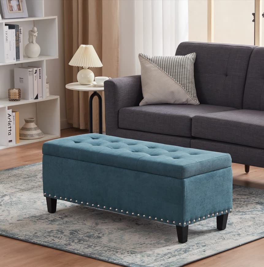 HUIMO 41-inch Upholstered Fabric Storage Ottoman Bench with Safety Hinge - Button-Tufted Design, Dark Teal - Perfect for Living Room, Bedroom, Entryway & Dorm Organization | Multi-Functional Footrest, Seating & Hidden Storage Solution