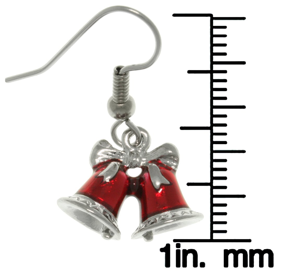 Pewter Red Holiday Christmas Bells Dangle Earrings - Festive Jewelry for Christmas Parties & Gift Giving