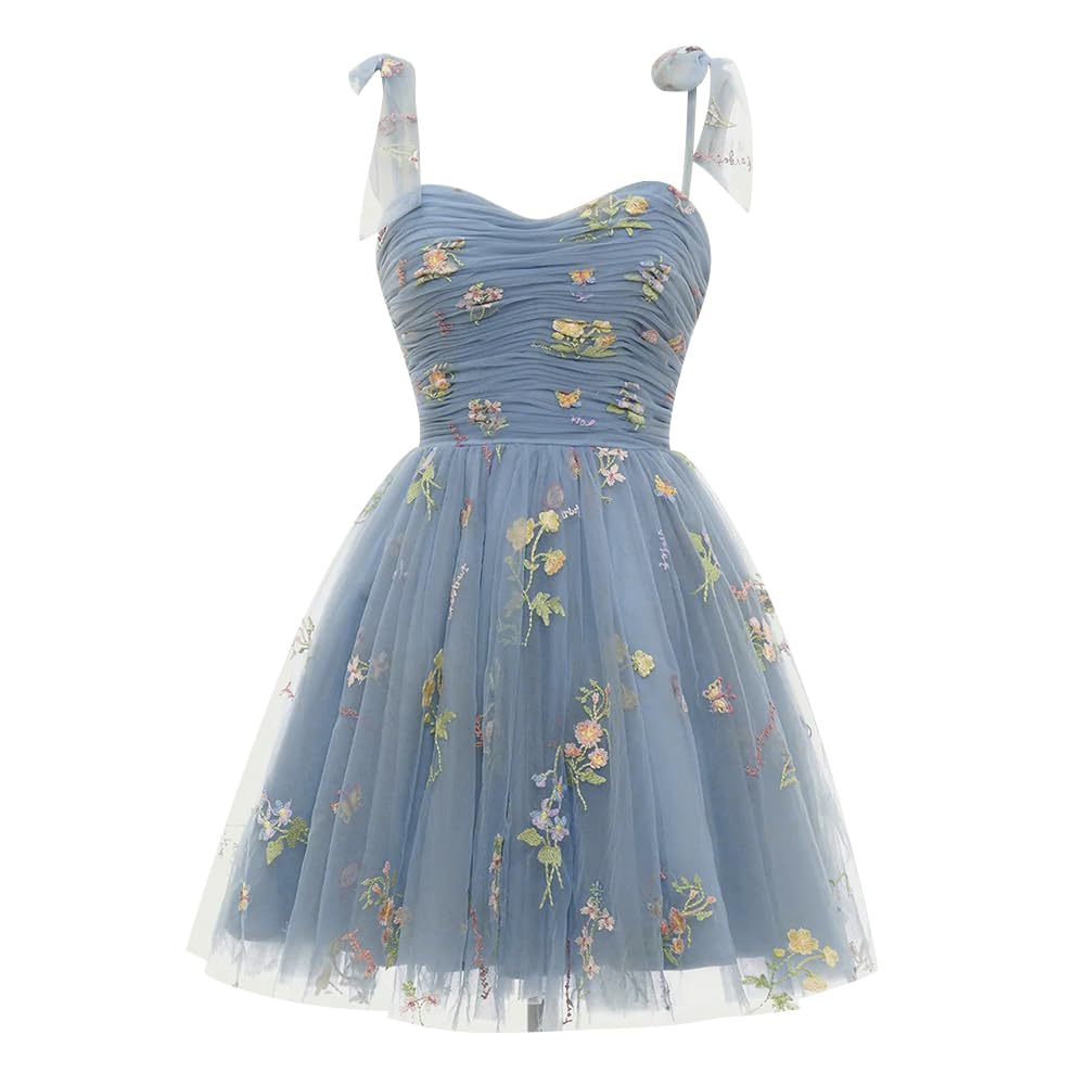 Elegant Women's Tie Strap Tulle Prom Dress with Sweetheart Neckline & Floral Embroidery - Short Formal Party Gown for Homecoming, Prom Night, Cocktail Parties & Special Occasions