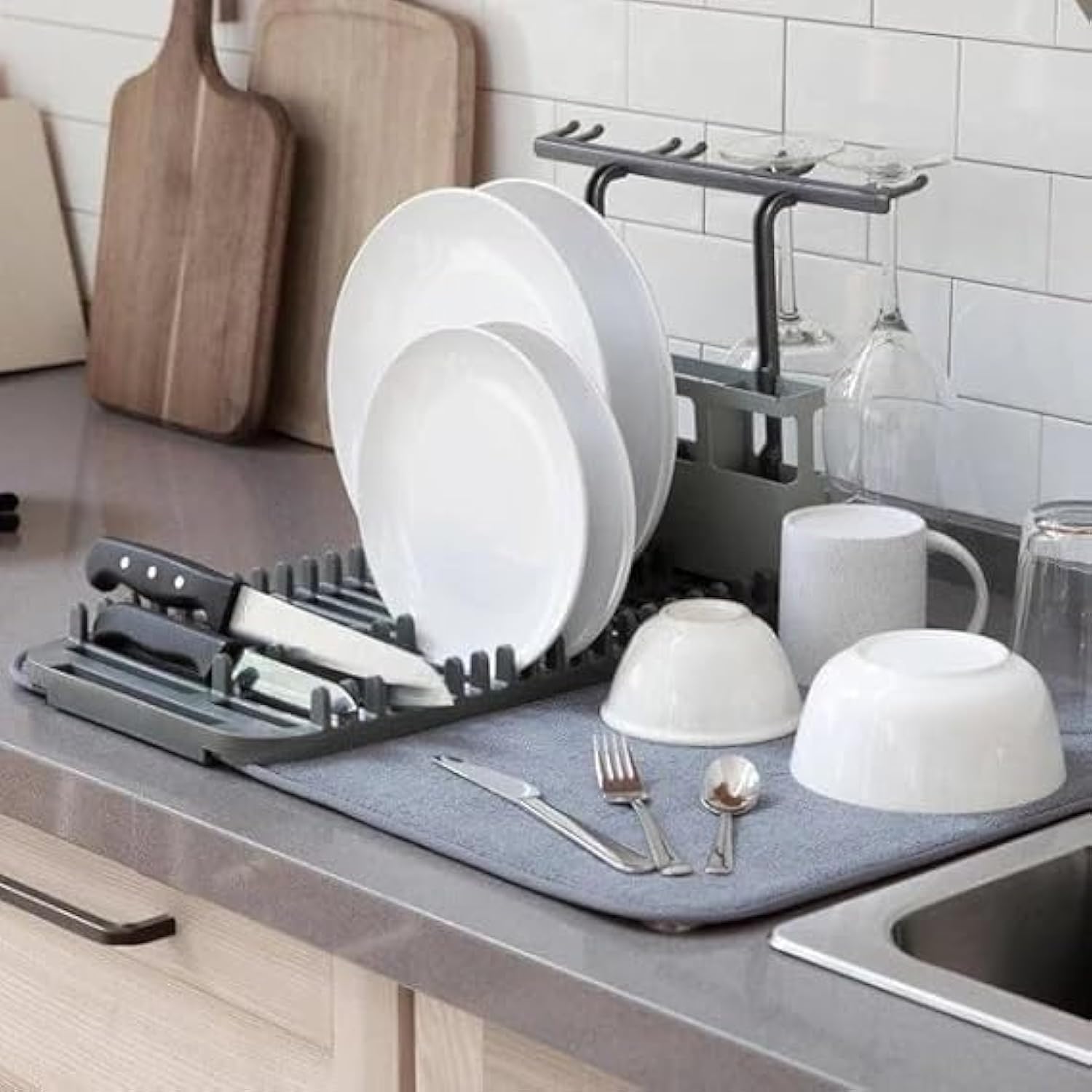 ENCHANTMENT ARAA PAVA Dish Drying Rack with Microfiber Mat - Removable Countertop Drain Tray for Wine Glasses, Bowls & Plates - Perfect for Kitchen Sink, Countertop Drying & Space-Saving Storage