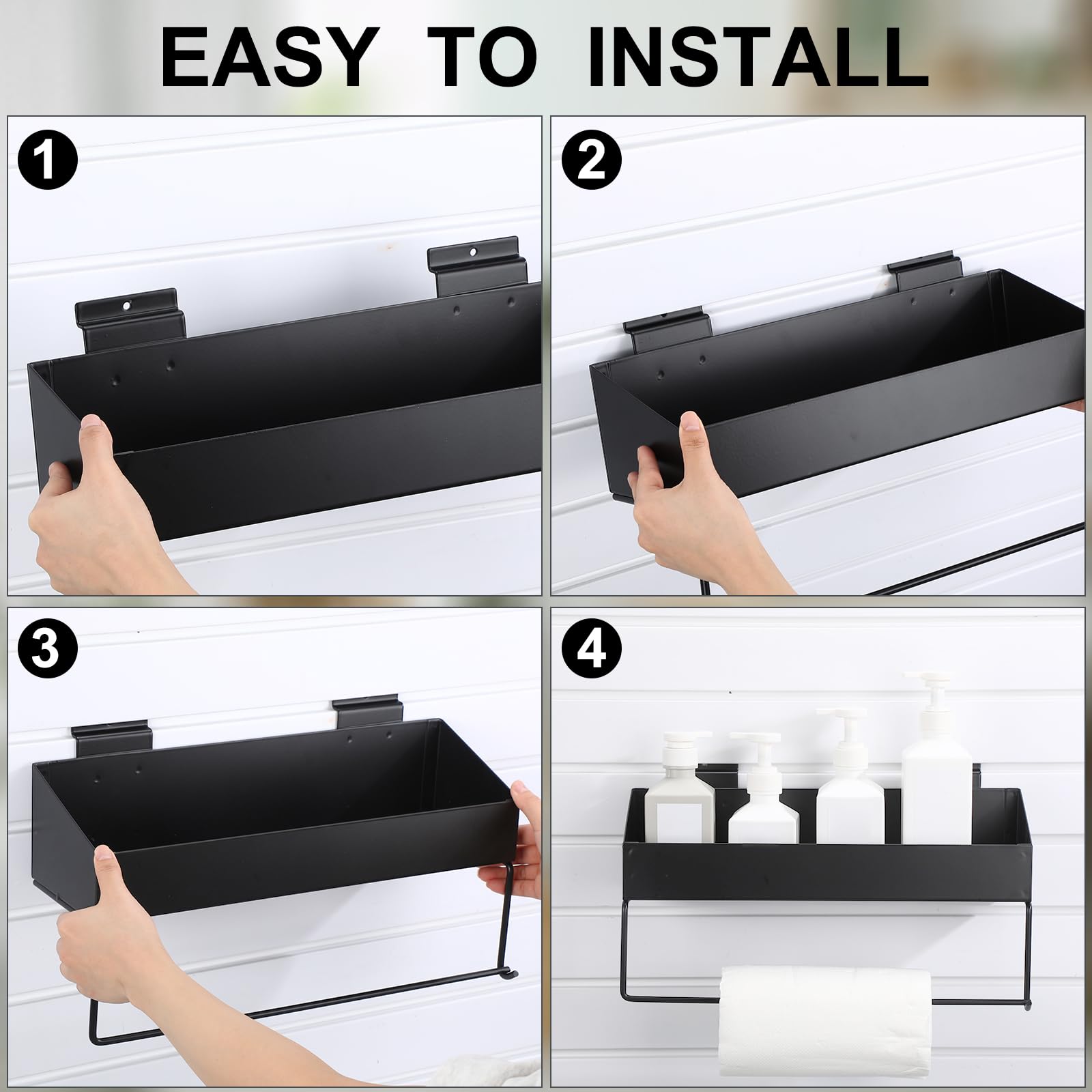 Suclain 2-Pack Stainless Steel Slatwall Paper Towel Holder & Wall Mount Shelf - No Drill Bathroom Storage Organizer for Kitchen, Laundry Room & Utility Spaces (Black)