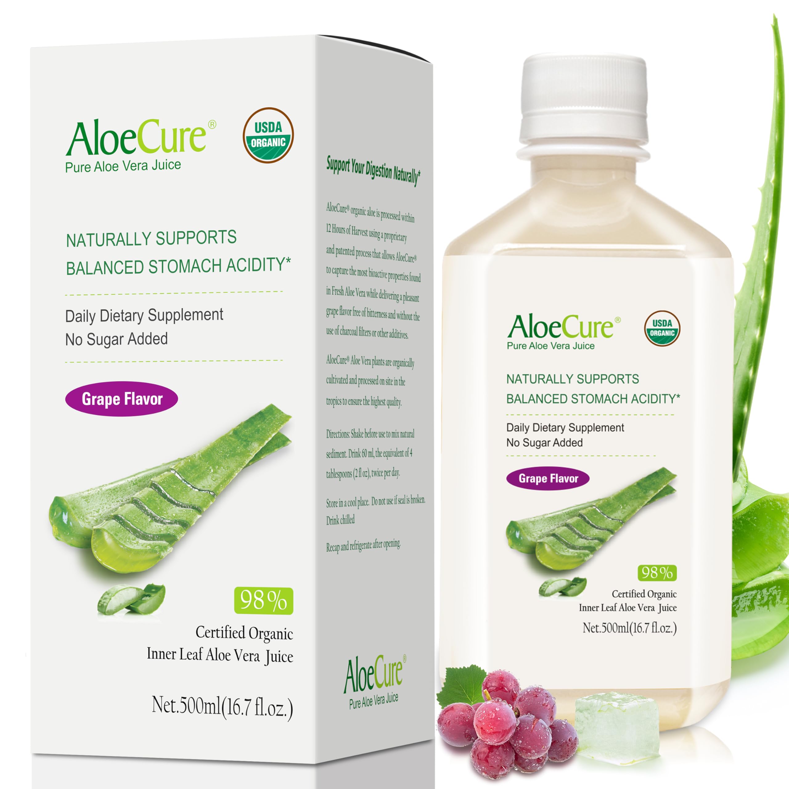 USDA Organic Aloe Vera Juice with Grape Flavor - Pure Digestive & Immune Health Supplement for Balanced Stomach Acidity | 16.7oz Bottle | Harvested & Bottled Within 12 Hours | Perfect for Daily Wellness Routine, Gut Health Support & Natural Detox