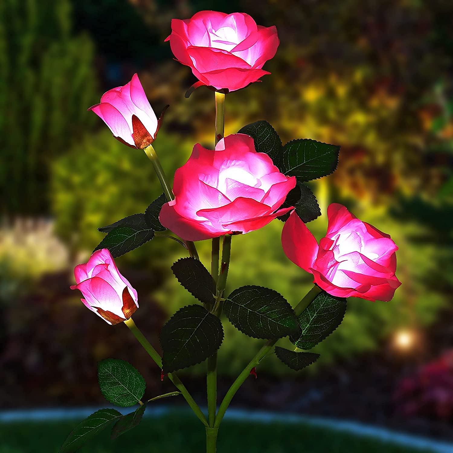 YXX Solar Garden Lights Outdoor - 5 LED Rose Flower Solar Powered Lights, Waterproof Decorative Lighting for Playground, Patio, Pathway, Courtyard, Lawn & Backyard (Pink) - Perfect for Romantic Nights & Landscape Decor