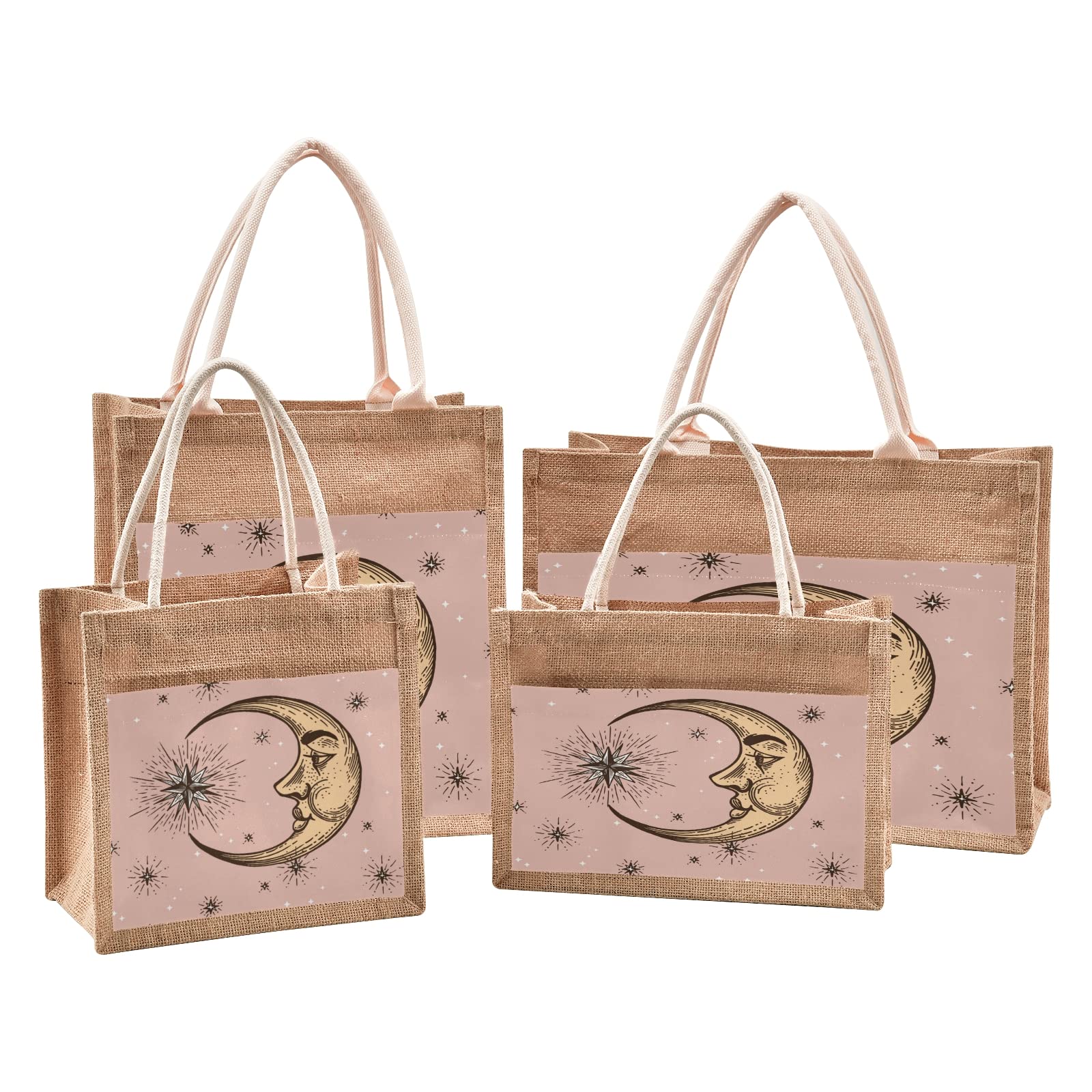 Vintage Jute Tote Bag for Women - Moon Star Pink Eco-Friendly Grocery Shopping Bag with Handles, 12.6 x 16.9 x 7.1 Inches, Perfect for Outdoor Travel, Beach, Picnic & Daily Use
