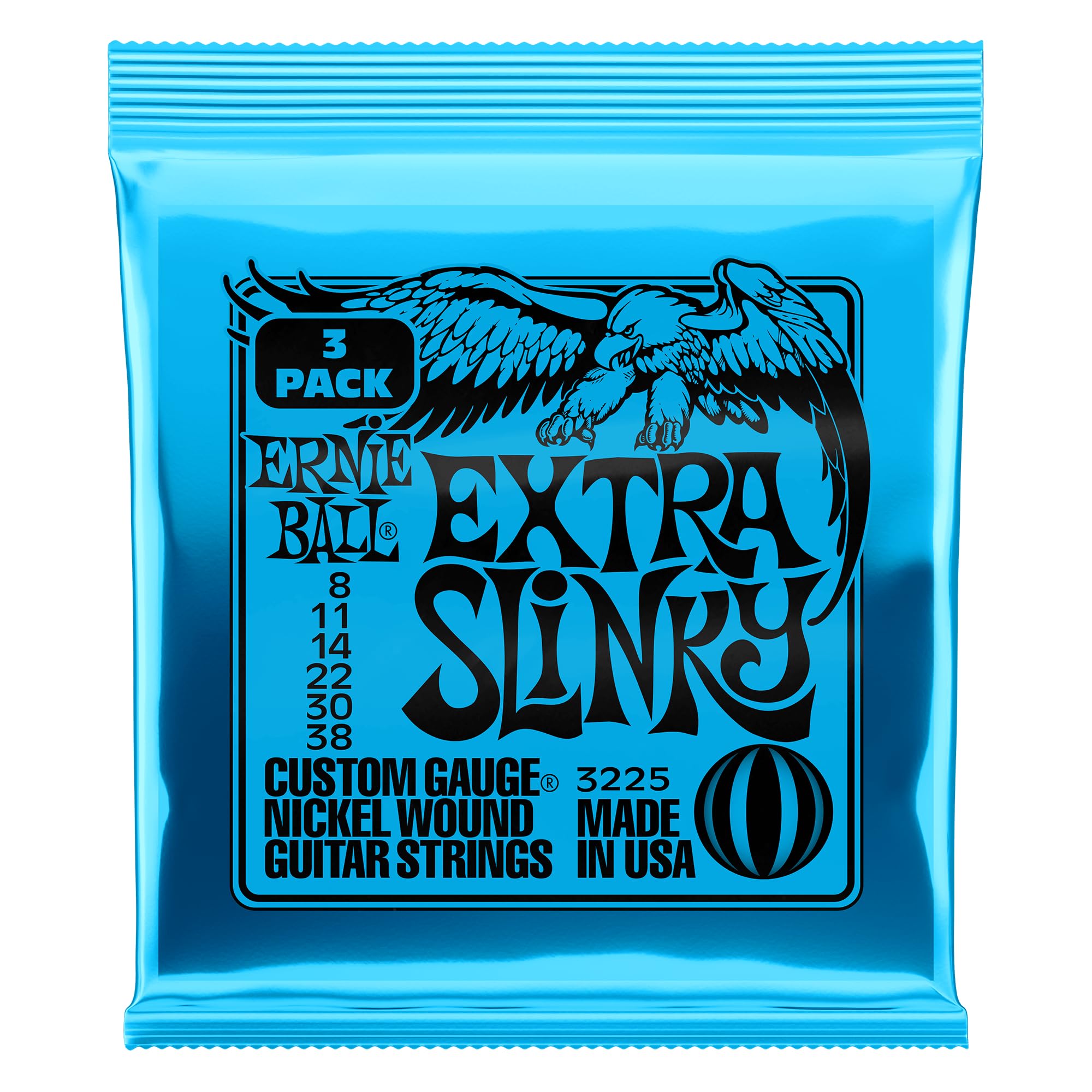 Ernie Ball Extra Slinky Nickel Wound Electric Guitar Strings 3-Pack (8-38 Gauge) - P03225 | Bright Tone & Smooth Playability for Rock, Blues & Metal | Perfect for Studio Recording & Live Performances