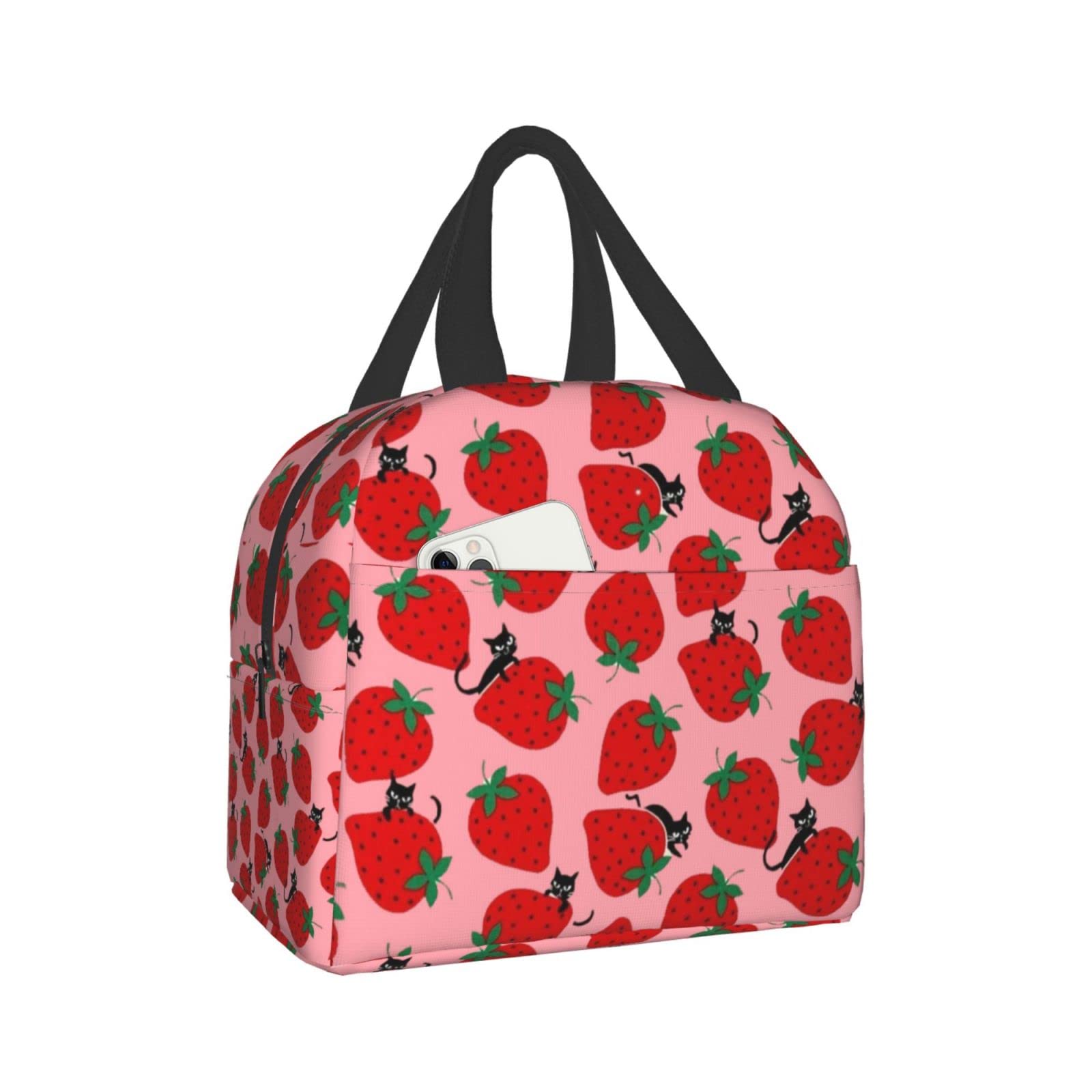 Insulated Pink Lunch Bag for Girls & Women - Cute Cat & Strawberry Design, Leak Proof Cooler Lunch Box for School, Work, Picnic - Perfect for Kids' Lunches & Office Meals