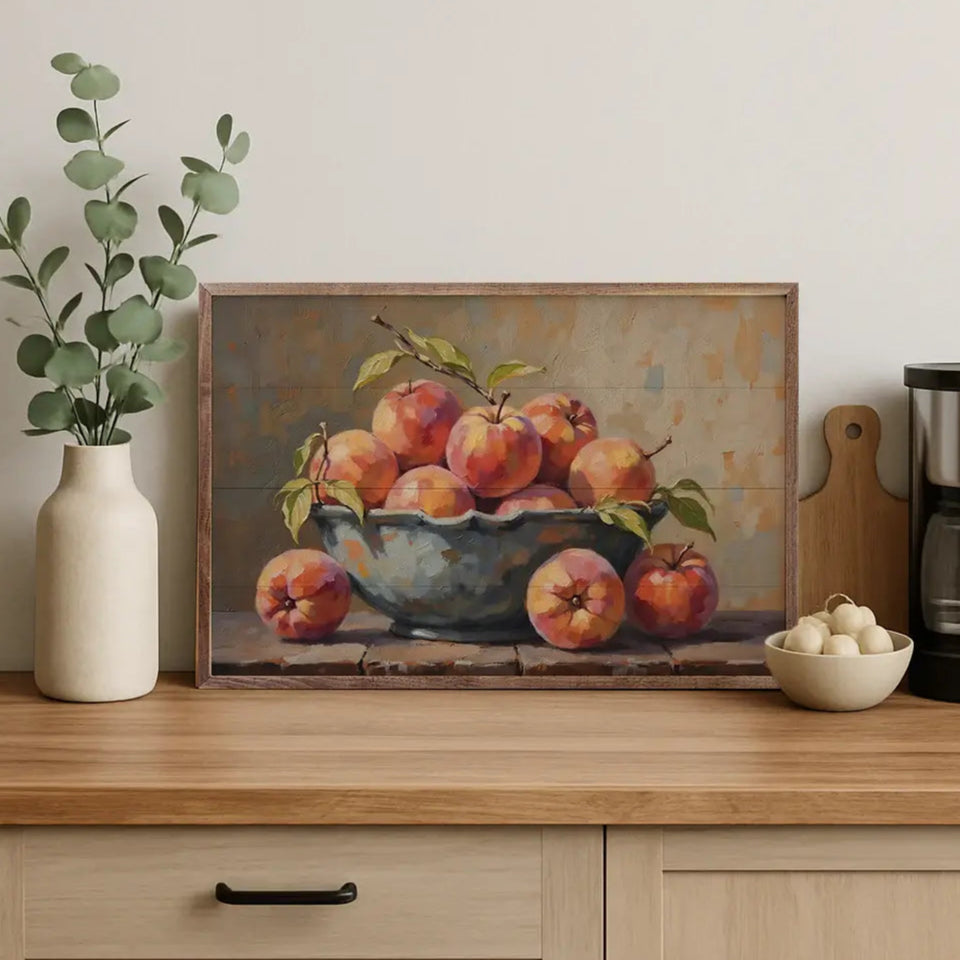 Bowl of Peaches Wood Framed Print - Vintage Still Life Fruit Artwork - Perfect for Kitchen, Dining Room & Farmhouse Decor