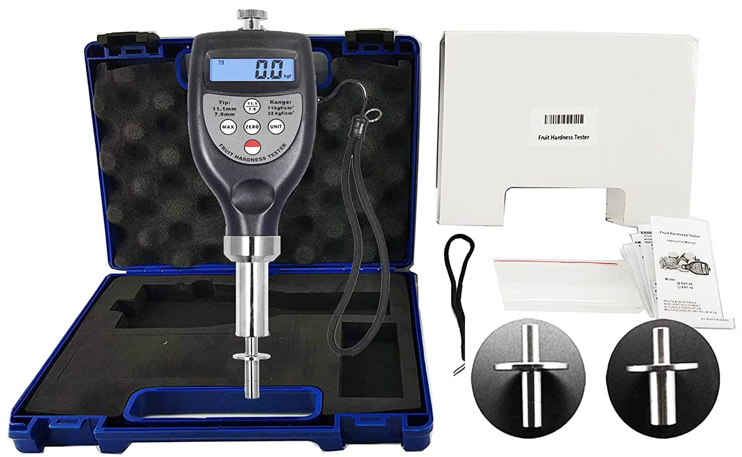 Fruit Penetrometer Hardness Tester - FHT-1122 Digital Fruit Firmness Meter with 7.9mm & 11.1mm Tips for Measuring Large Hard Fruits - Perfect for Apple, Pear, Peach Quality Testing in Orchards and Farms