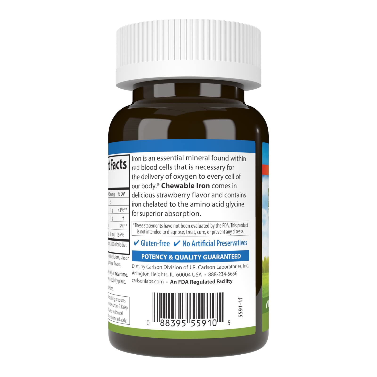 Carlson Labs Kids Chewable Iron Supplement - 15mg per Serving, Strawberry Flavor, 60 Tablets - Supports Healthy Energy & Immune System for Children - Perfect for Picky Eaters & Active Kids