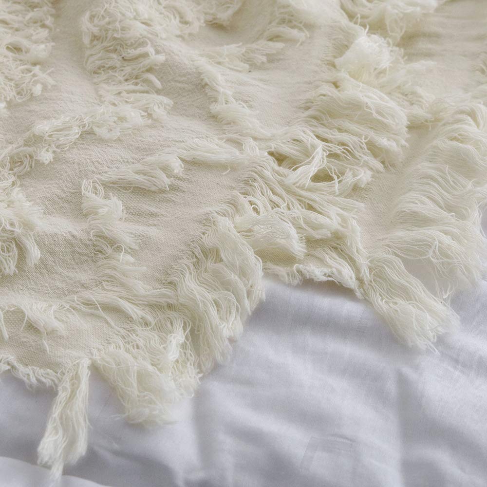 Simple&Opulence 100% Cotton Boho Throw Blanket - Soft Lightweight Tufted Zigzag Knit Woven Blanket with Tassels for Bed, Couch & Farmhouse Decor | All-Season Cozy Breathable Blanket in White | Perfect for Living Room, Bedroom & Outdoor Picnics