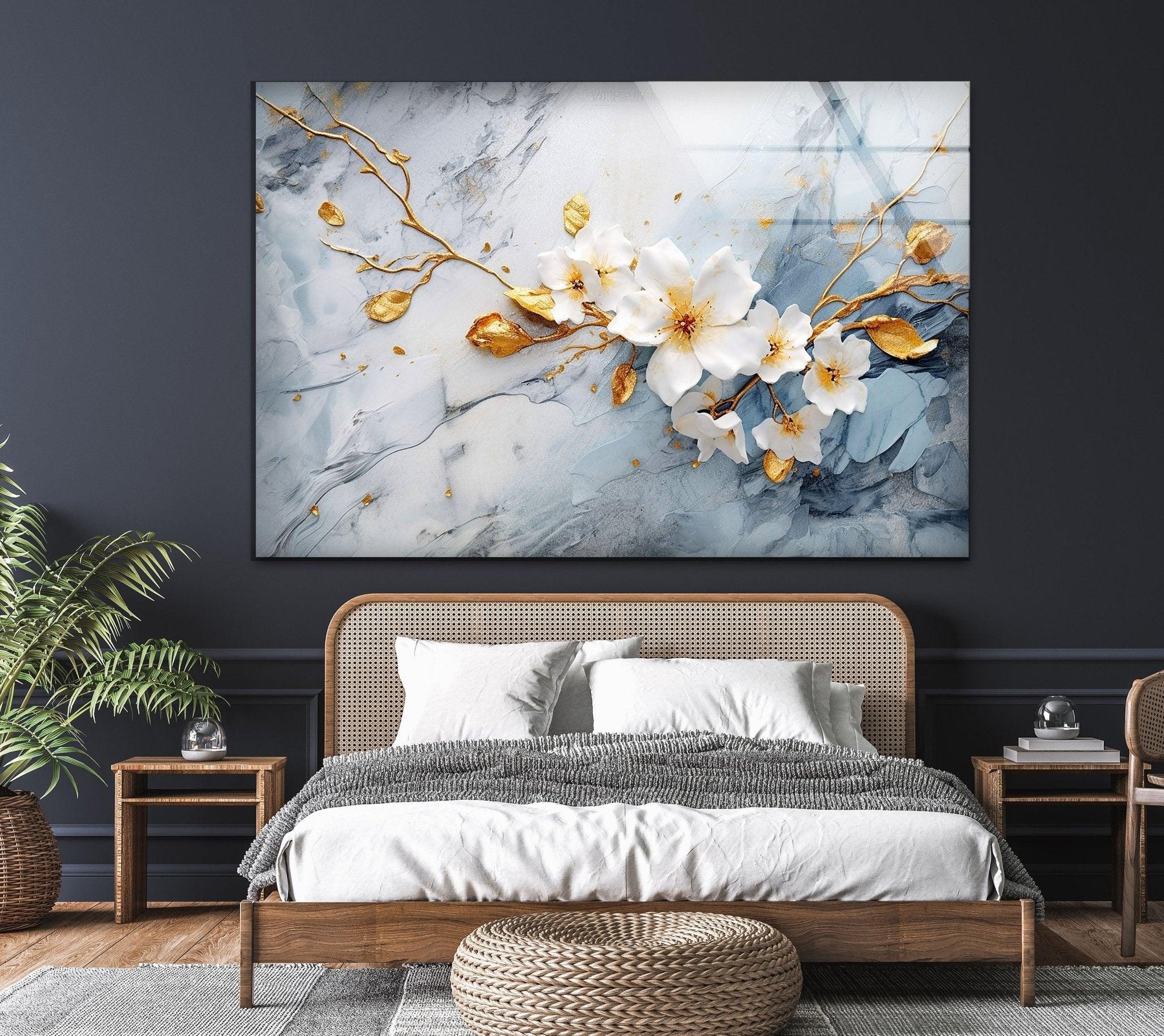 Alcohol Ink White Flower Glass Wall Art - Handmade Modern Home Decor for Living Room, Bedroom & Office - Unique Gift Idea