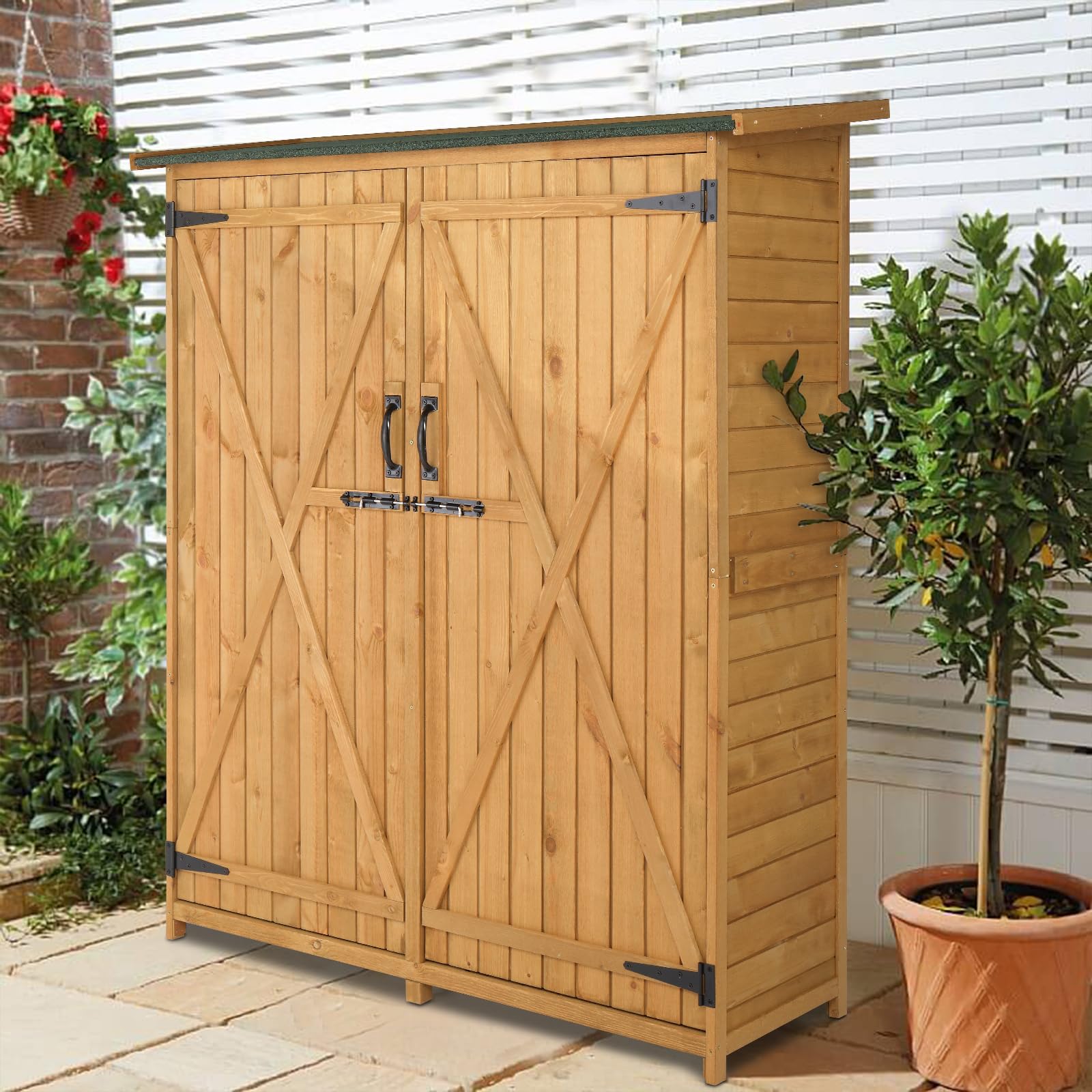 Outdoor Wooden Garden Shed Storage Cabinet - Weatherproof Vertical Tool Organizer with Double Lockable Doors for Yard, Patio & Backyard | Perfect for Storing Lawn Mowers, Gardening Tools & Outdoor Equipment