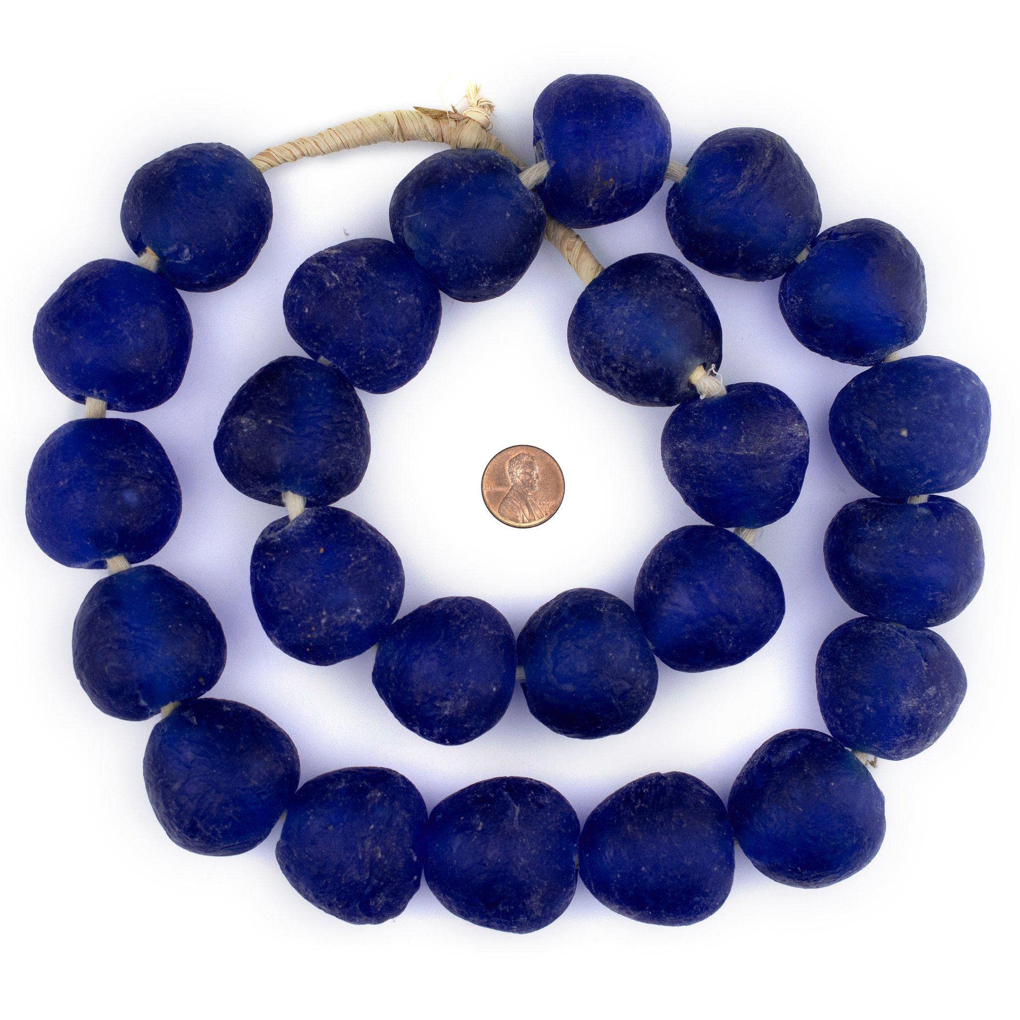 Recycled Glass Beads 32-35mm - Extra Large African Sea Glass Beads for Wall Hangings, Jewelry Making & DIY Crafts - Cobalt Blue Beaded Decor - The Bead Chest