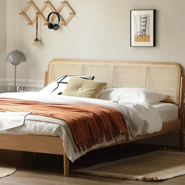 Solid Oak Wood Rattan Bed Frame - Queen Size, Natural Finish - Perfect for Bedroom, Guest Room & Farmhouse Decor