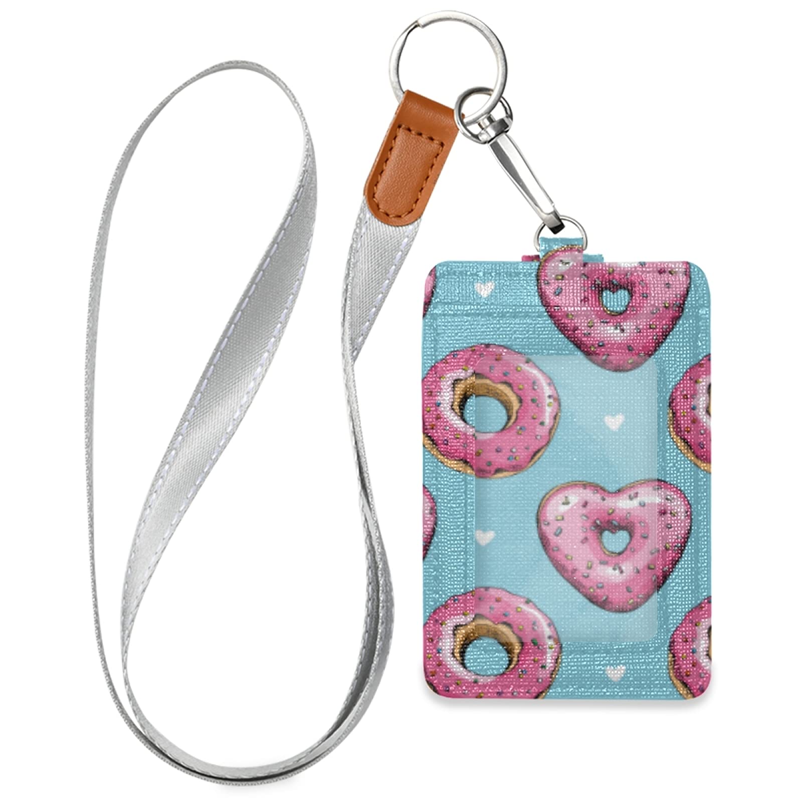 Pink Heart Donuts ID Badge Holder with Lanyard - Office & School Use