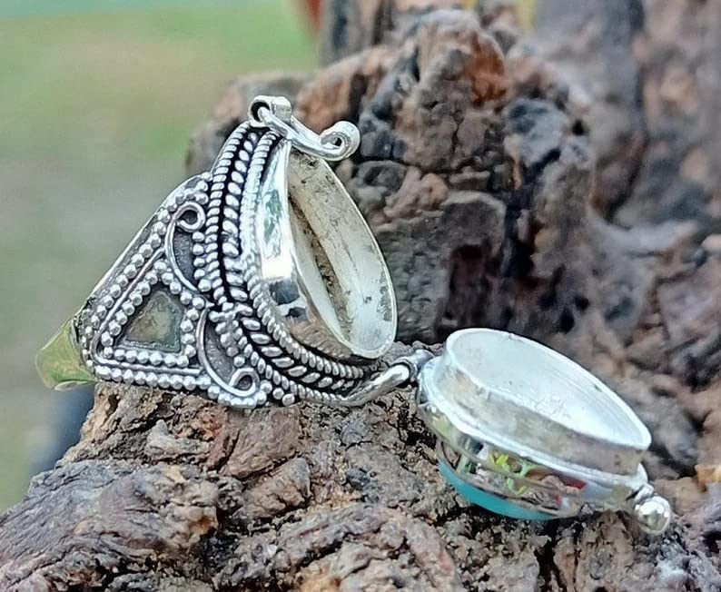 Larimar Gemstone Ring - 925 Sterling Silver Antique Poison Box Ring with Locket - Vintage Boho Style Jewelry - Pear Cut Dominican Republic Larimar - Perfect for Costume Parties, Gothic Fashion & Unique Gift Giving