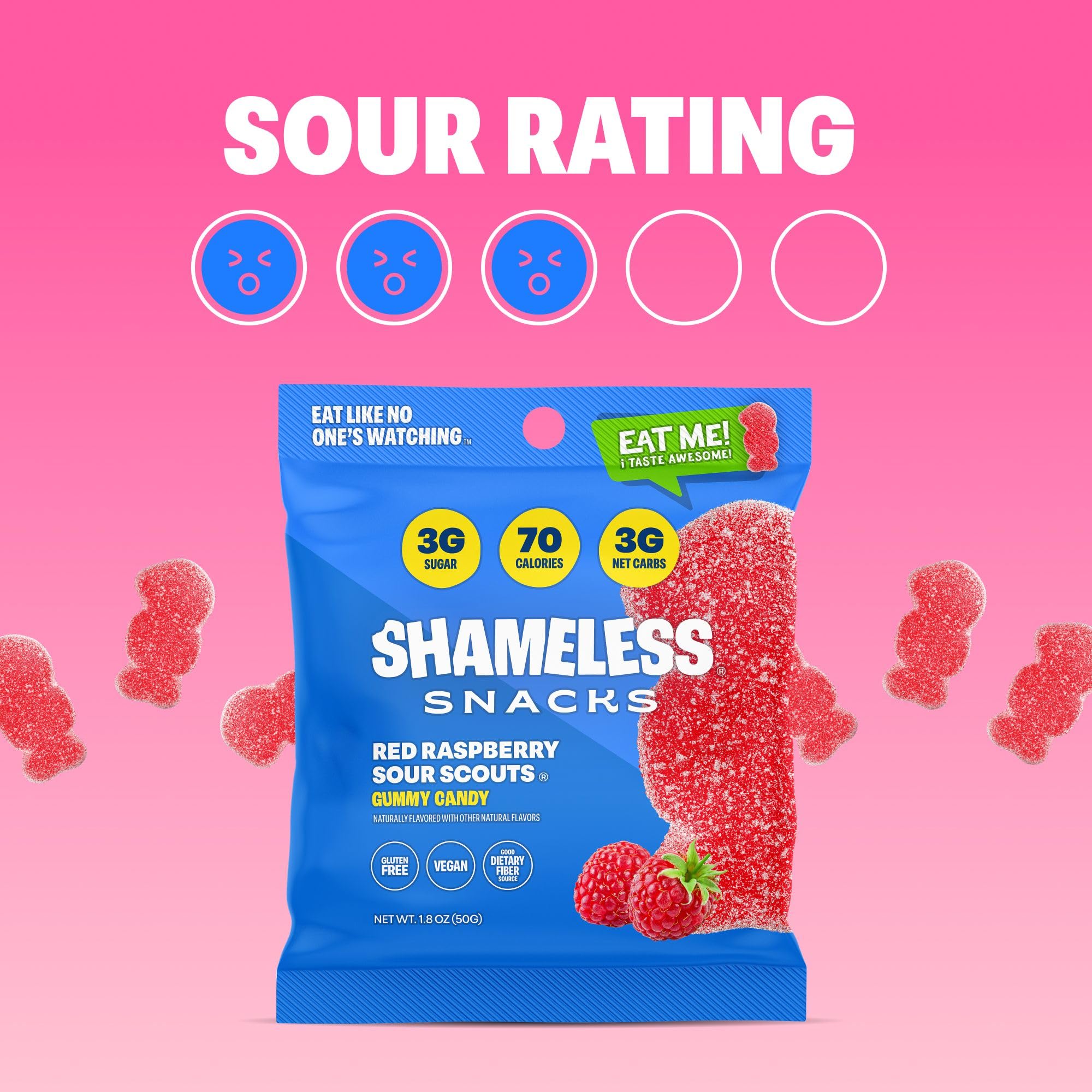 Shameless Snacks - Healthy Low Calorie Keto Gummies | Gluten Free Candy for Weight Loss | 6 Pack Red Raspberry Sour Scouts | Perfect for Keto Diet, Office Snacks & Movie Nights