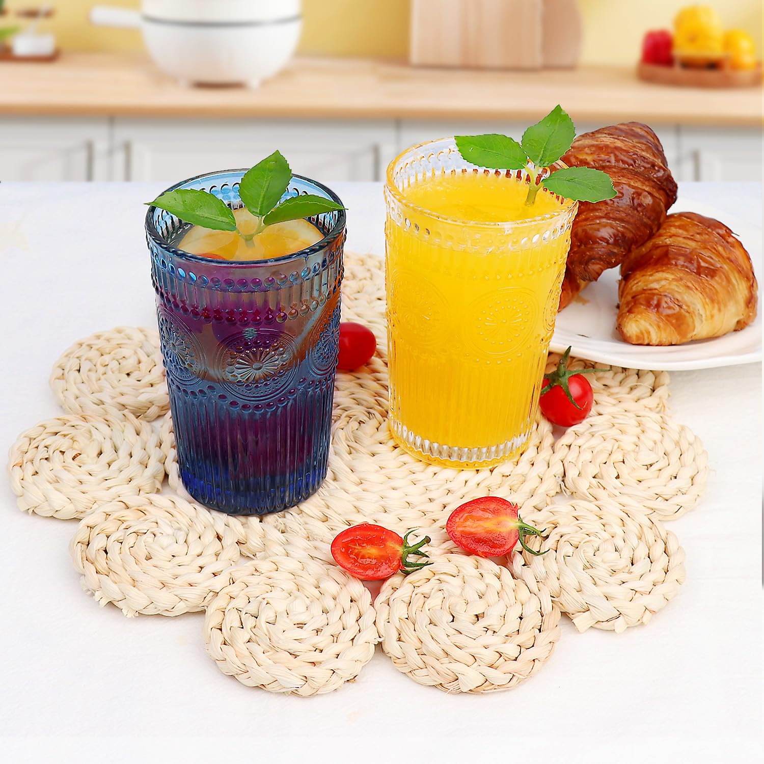 Vintage Drinking Glasses Set of 6 - 12 oz Blue Highball Glasses with Embossed Ribbed Design - Perfect for Cocktails, Water, Juice, Coffee & Whiskey - Ideal for Home Bars, Parties & Gifts