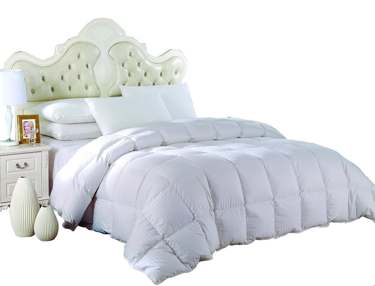 Premium 650-Fill-Power Lightweight Down Comforter - Oversized Queen Size, 100% Cotton 300TC Shell, Stripe White - Luxury Hotel-Style Bedding for All-Season Comfort