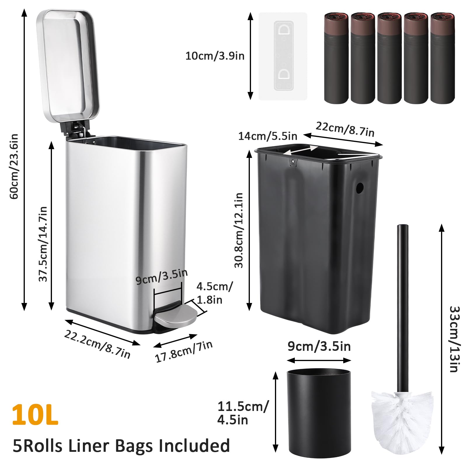2.6 Gallon Stainless Steel Bathroom Trash Can with Lid & Toilet Brush Holder Set - 10L Silver Wastebasket for Office, Kitchen, Bedroom - Includes Trash Bags | Space-Saving Design for Narrow Spaces & Modern Bathroom Decor