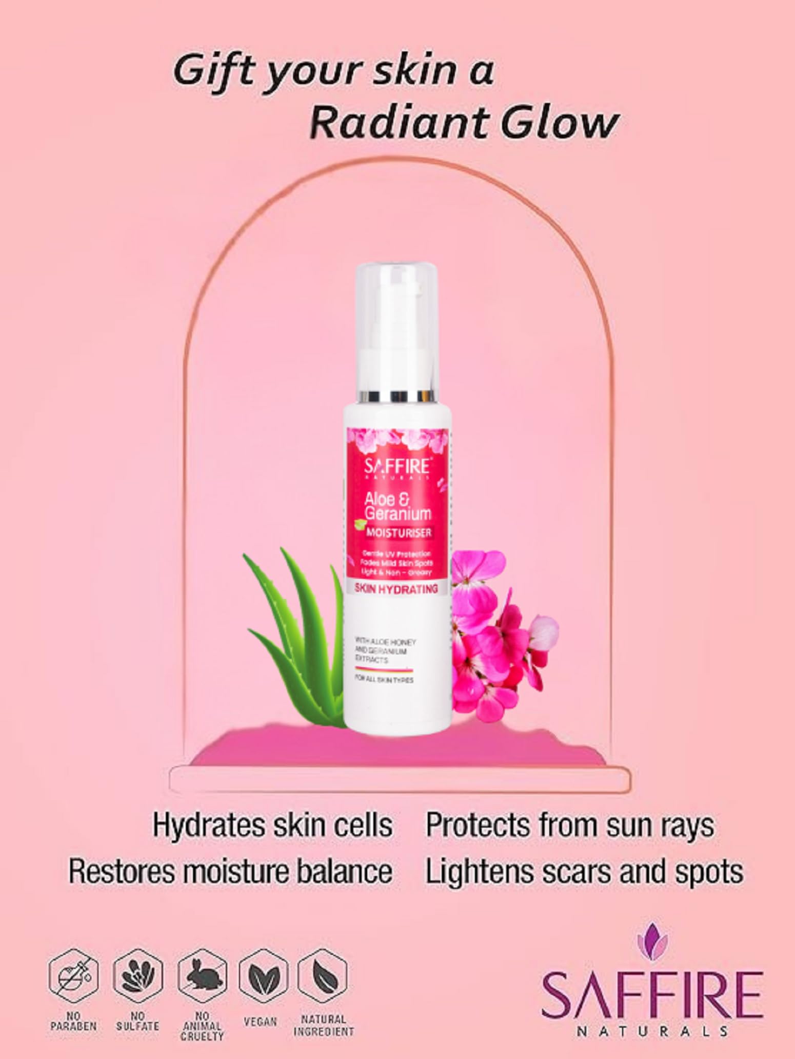 Saffire Naturals Aloe Geranium Skin Hydrating Moisturizer - 100ml | Paraben & Sulfate Free | For Dry, Sensitive & All Skin Types | Daily Face Cream for Hydration & Soothing Relief