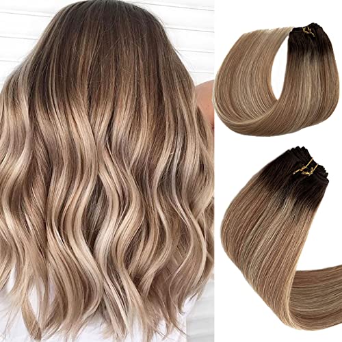 20 Inch Balayage Human Hair Bundles - Ombre Brown to Golden Brown with Platinum Blonde Highlights | 100G Double Weft Remy Hair Extensions for Sew in | Perfect for Everyday Wear, Parties & Special Occasions