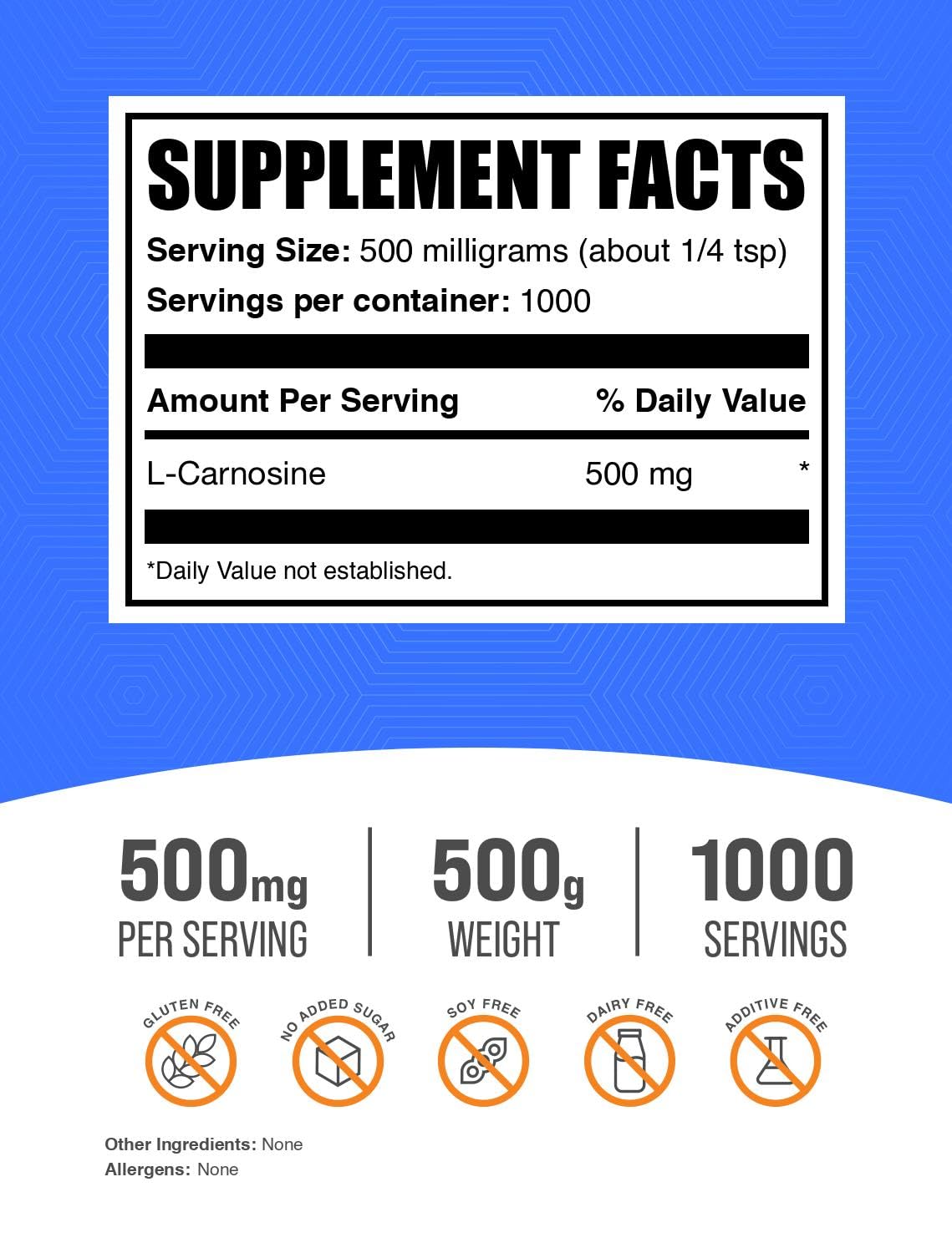 BulkSupplements L-Carnosine Powder 500mg - Pure Amino Acid Supplement for Muscle Recovery & Anti-Aging - Gluten Free, 500g (1.1 lbs) - Supports Brain Health & Exercise Performance - Ideal for Athletes, Bodybuilders & Wellness Enthusiasts