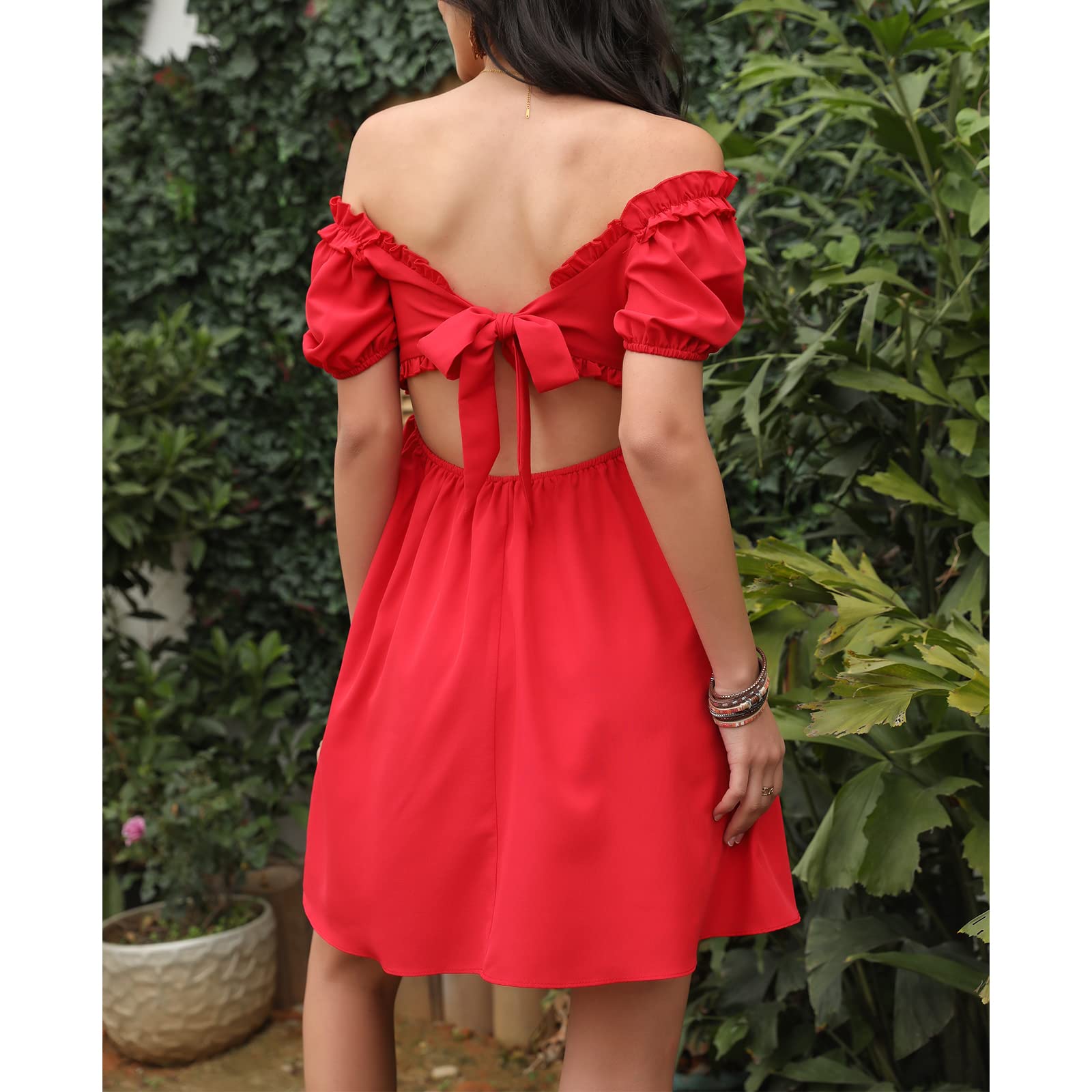 Byinns Women's Drawstring Mini Dress - Sweetheart Neckline, Smocked Bodice, Flowy Ruffled Long Sleeve Wedding Guest Dress | Perfect for Bridal Shower, Garden Party & Spring Occasions