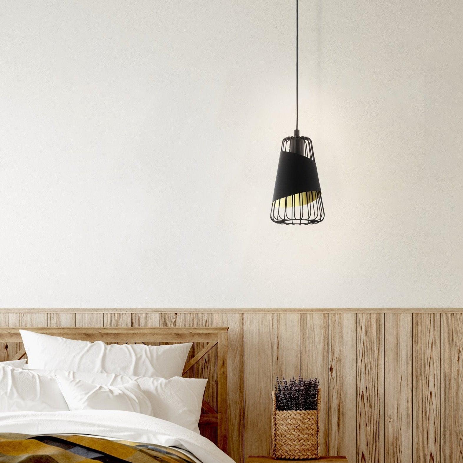 Eglo Austell Black & Gold Industrial Ceiling Pendant Light - Vintage Wire Frame Hanging Fixture for Dining Room, Kitchen Island & Bedroom Lighting
