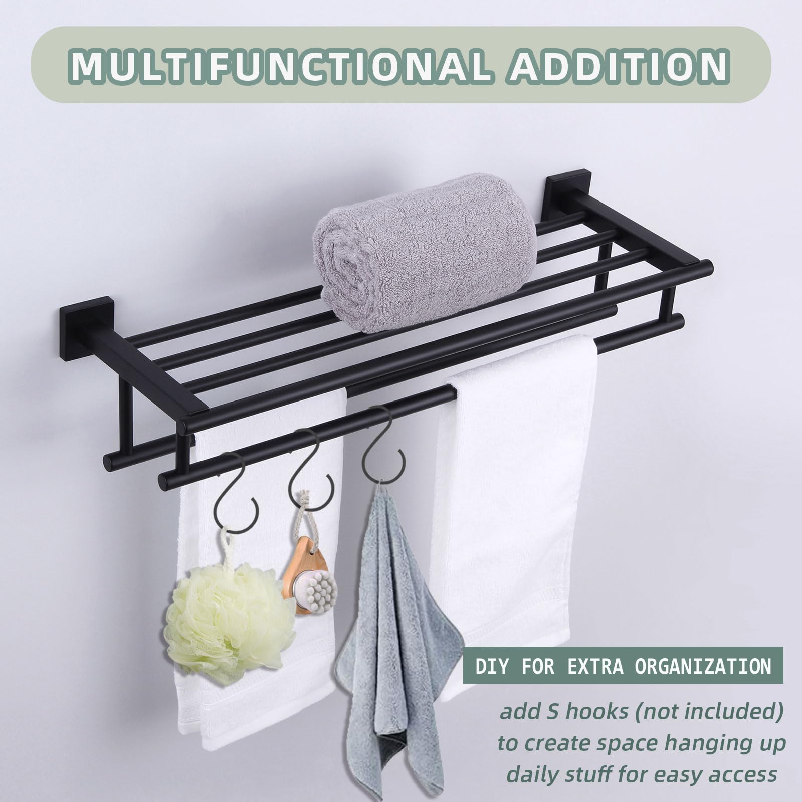 Stainless Steel Wall Mounted Bath Towel Rack with Shelf - Double Towel Holder & Bar - Matte Black 23.62 Inch - Modern Bathroom Storage for Showers & Spas