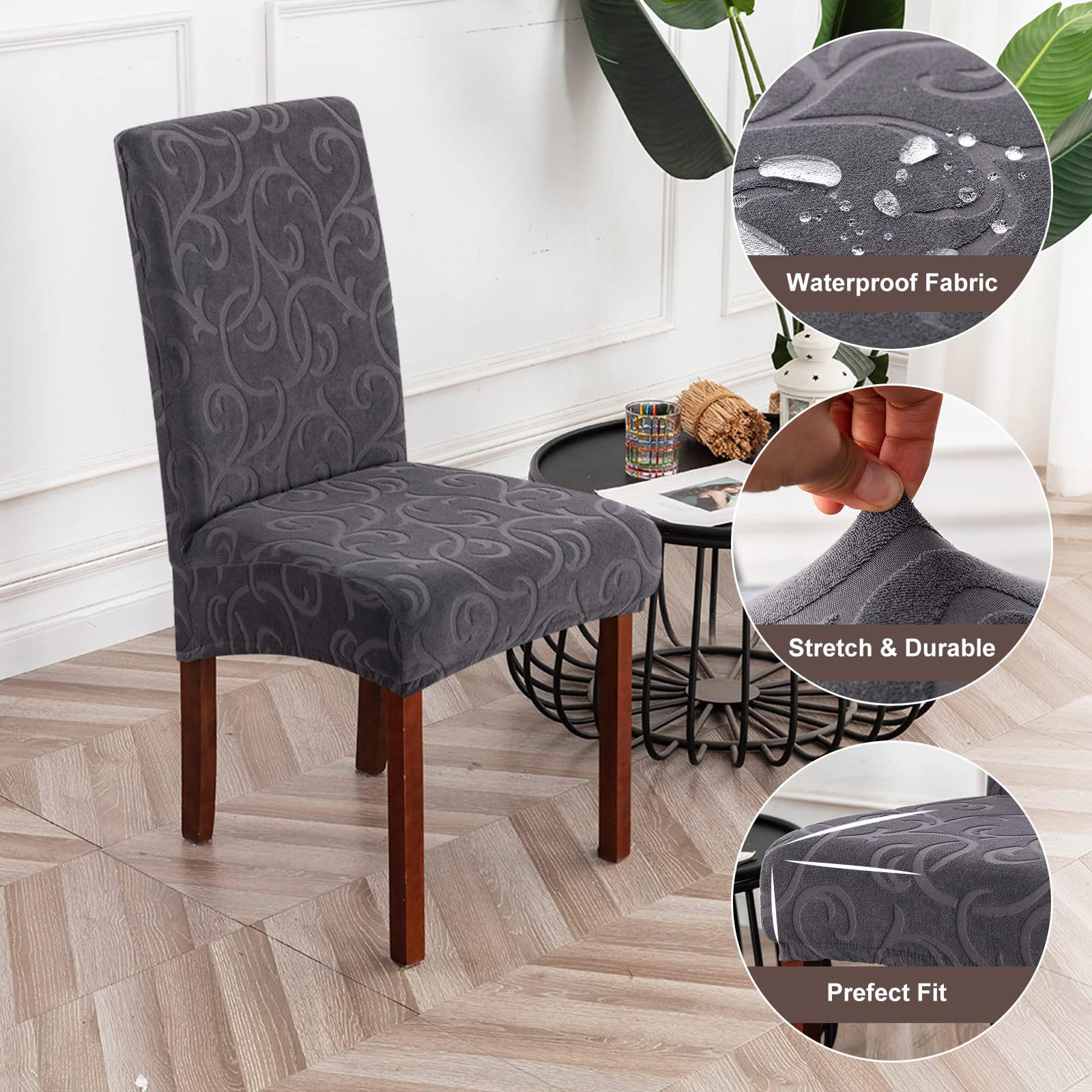 Waterproof Stretch Parsons Chair Slipcovers - 6 Pack Washable Dining Room Chair Covers for Kitchen, Removable & Durable Seat Protectors (Flower Pattern Dark Gray) - Perfect for Home, Restaurant, and Outdoor Use
