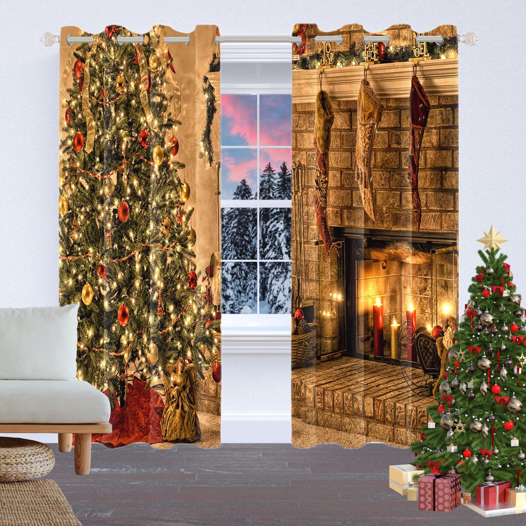 Blackout Thermal Insulated Grommet Curtains Set of 2 Panels - 42x84 Inches, Christmas Tree & Fireplace Design for Bedroom & Living Room | Perfect for Holiday Decor, Light Blocking & Energy Saving