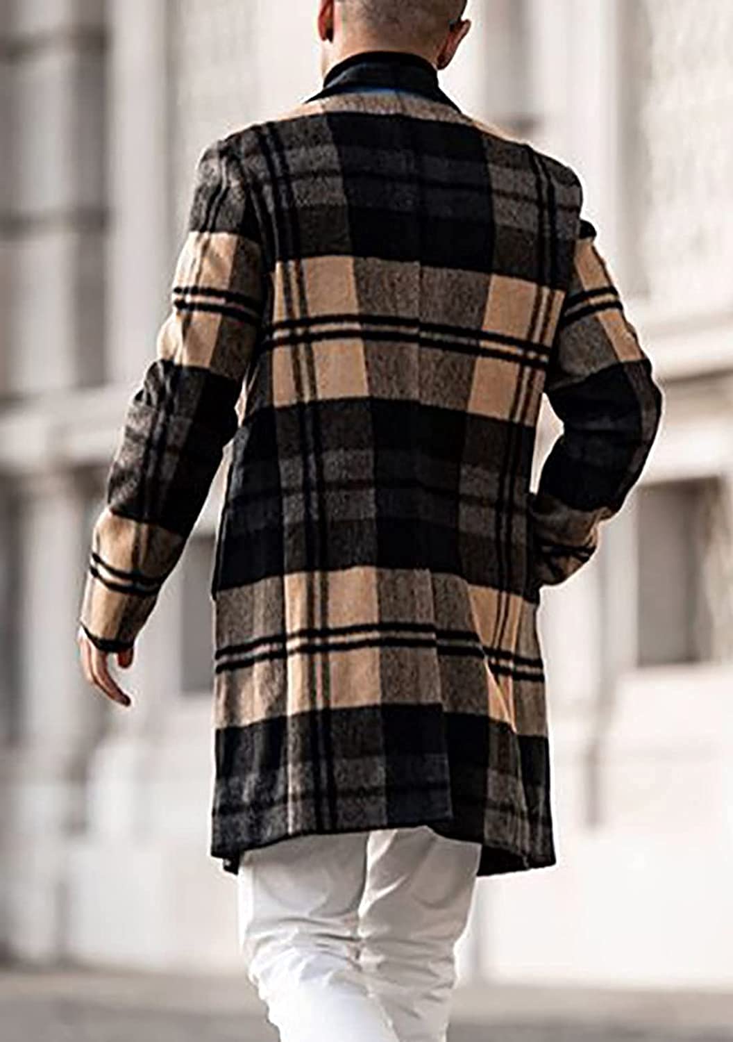 Men's Casual Notched Collar Plaid Wool Blend Single Breasted Trench Coat - Formal Winter Overcoat for Office, Dating & Special Occasions