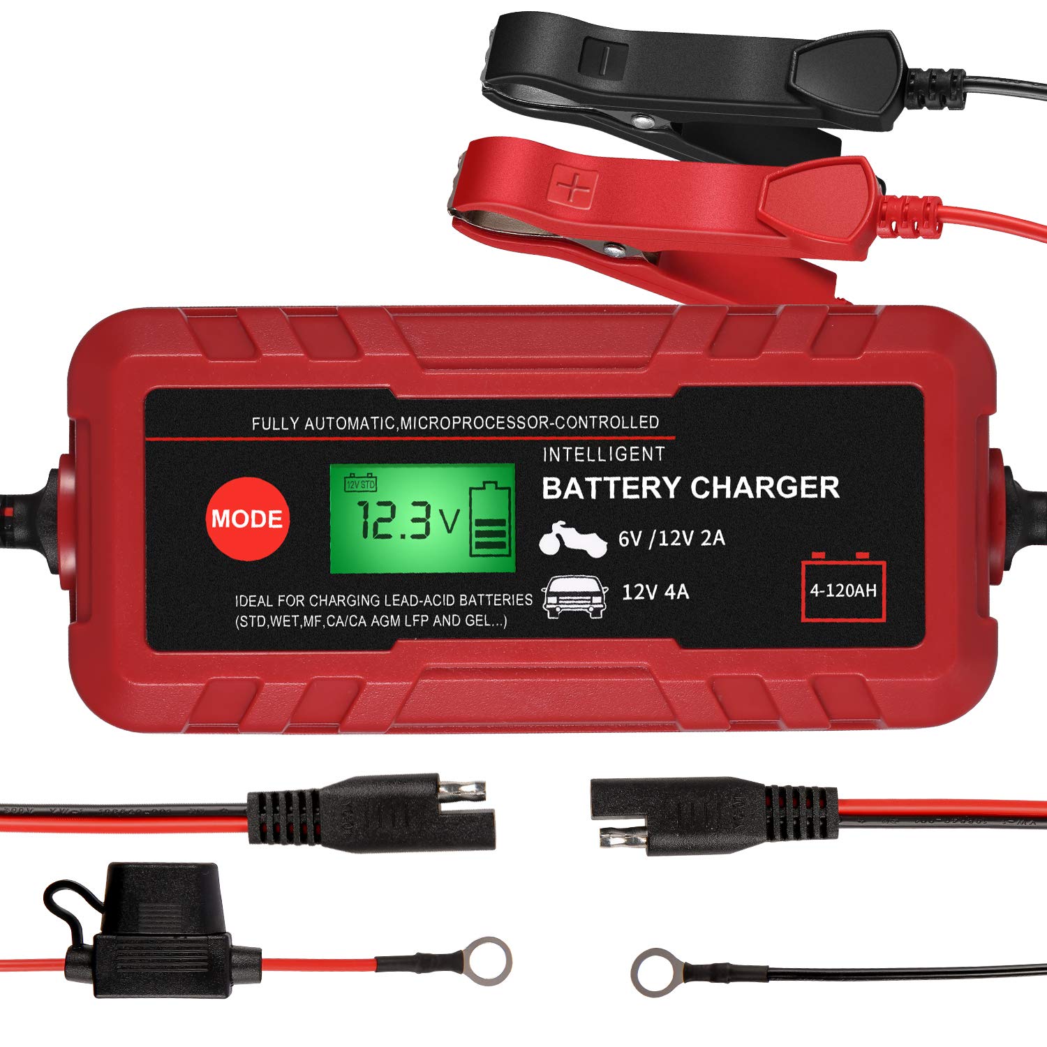 Smart 6V/12V Automotive Battery Charger & Maintainer - 8-Stage Trickle Charger for Fast Charging & Battery Rescue - Ideal for Cars, Boats, Lawn Mowers & Marine Vehicles - Portable & Safe for Sealed Batteries - Perfect for Emergency Jump Starts & Winter Storage