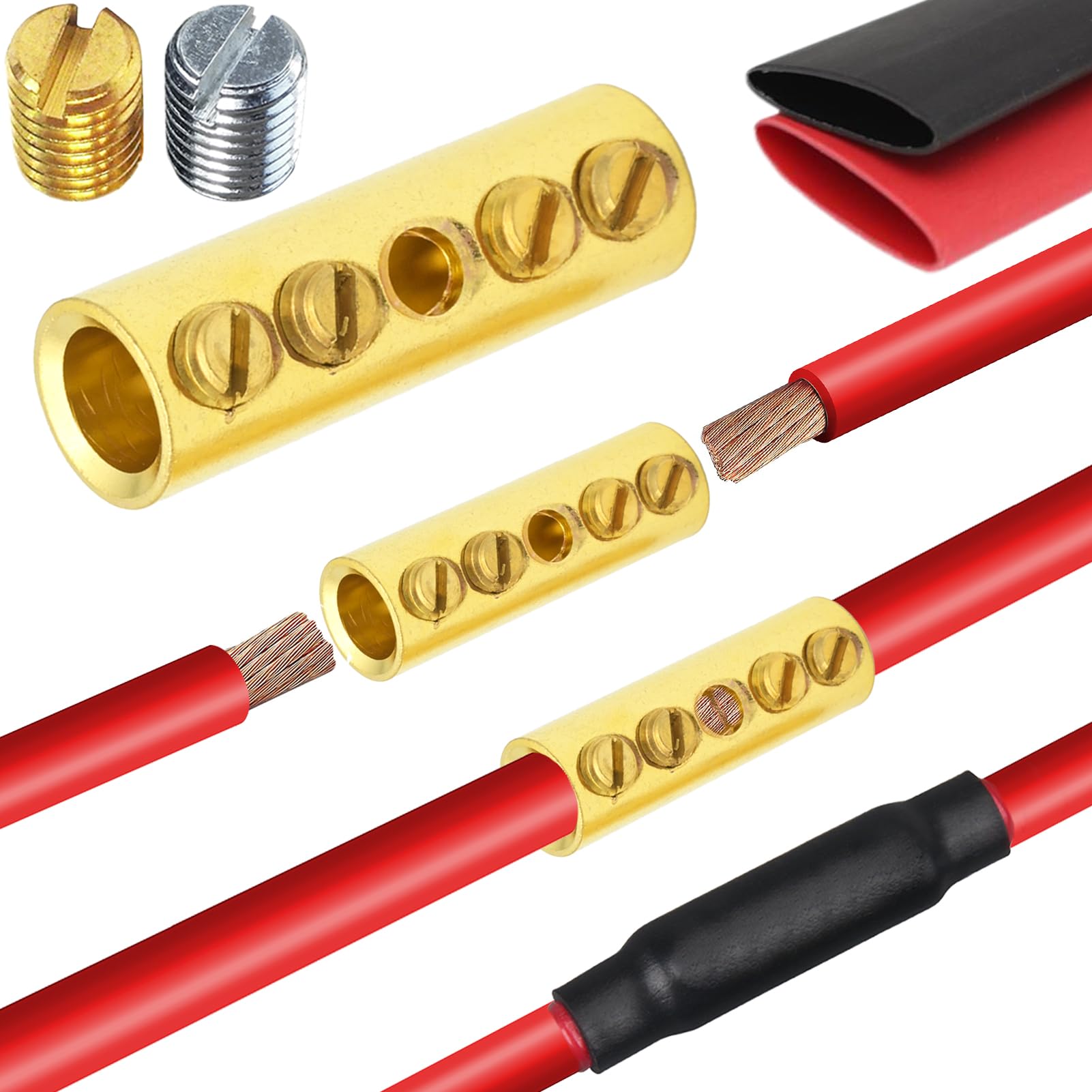 4 Gauge Wire Butt Connectors 6-Piece Kit - Pure Brass Screw Type Splice Connectors for 4 AWG Wires with 3:1 Heat Shrinks | Quick Connect Electrical Terminals for Automotive, Marine & Home Wiring Projects