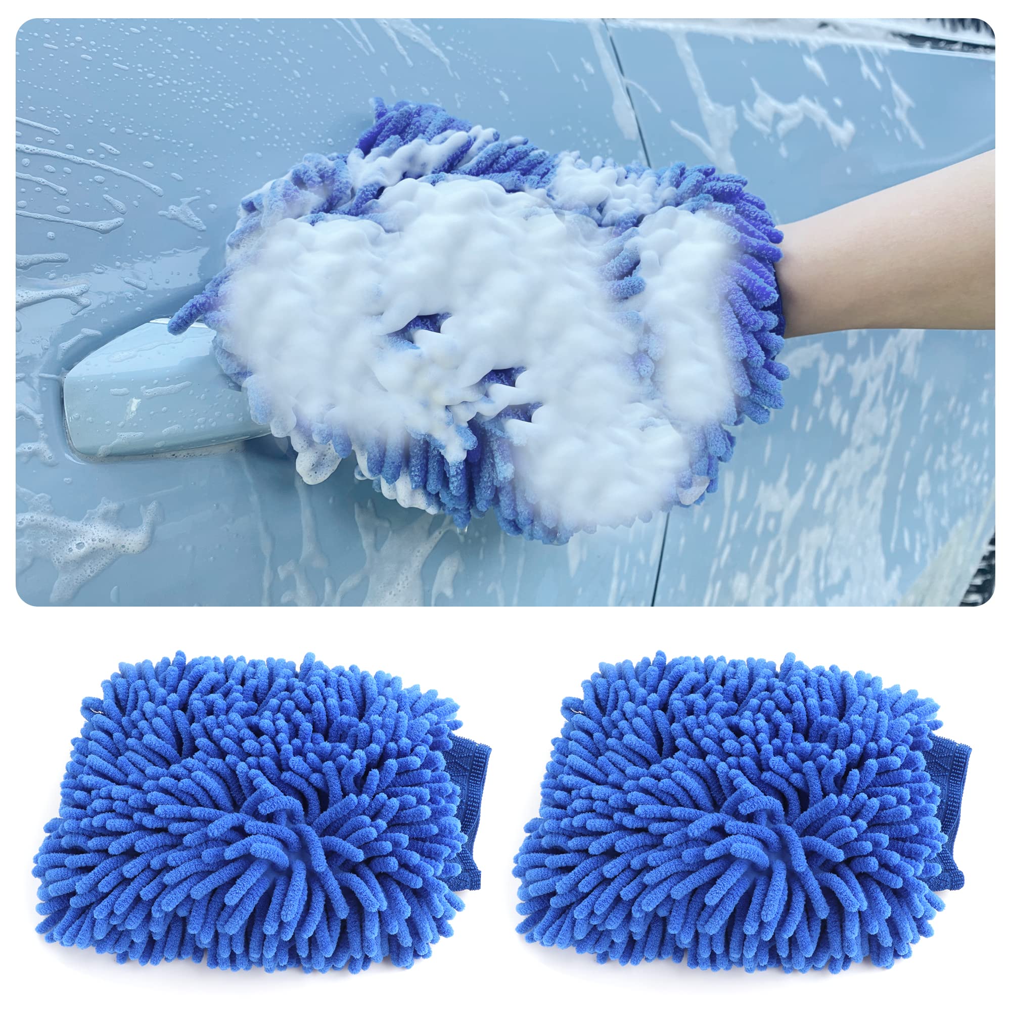 Junecarp 2 Pack Car Wash Mitt - Waterproof Winter Car Cleaning Gloves for Cars, Trucks & Motorcycles | Premium Microfiber Sponge Kit (Blue) - Perfect for Hand Washing, Detailing & Auto Care