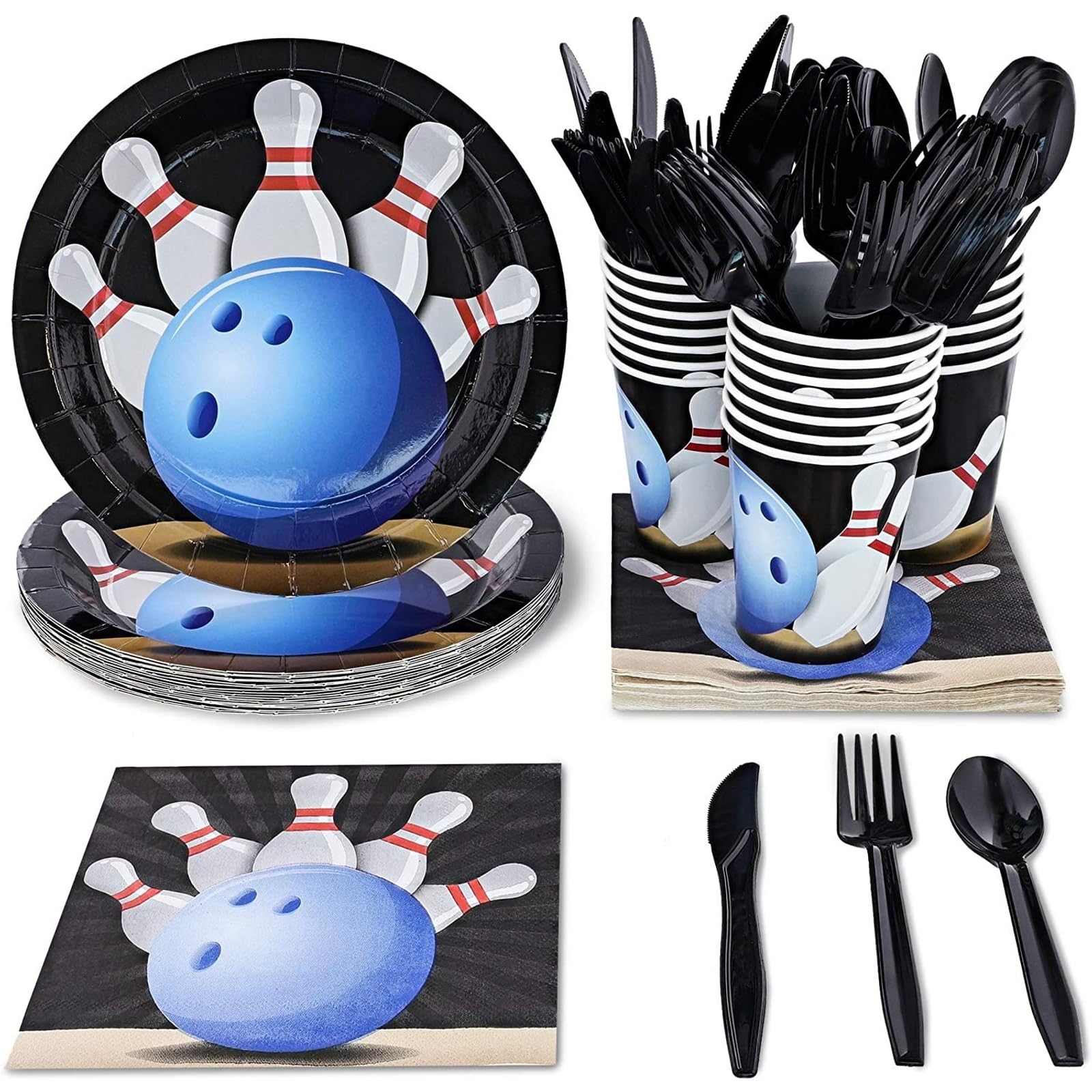 **Juvale 24-Piece Kids Bowling Birthday Party Supplies Set - Includes Plates, Knives, Spoons, Forks, Napkins & Cups - Perfect for Bowling Themed Birthday Decorations & Fun Family Celebrations**