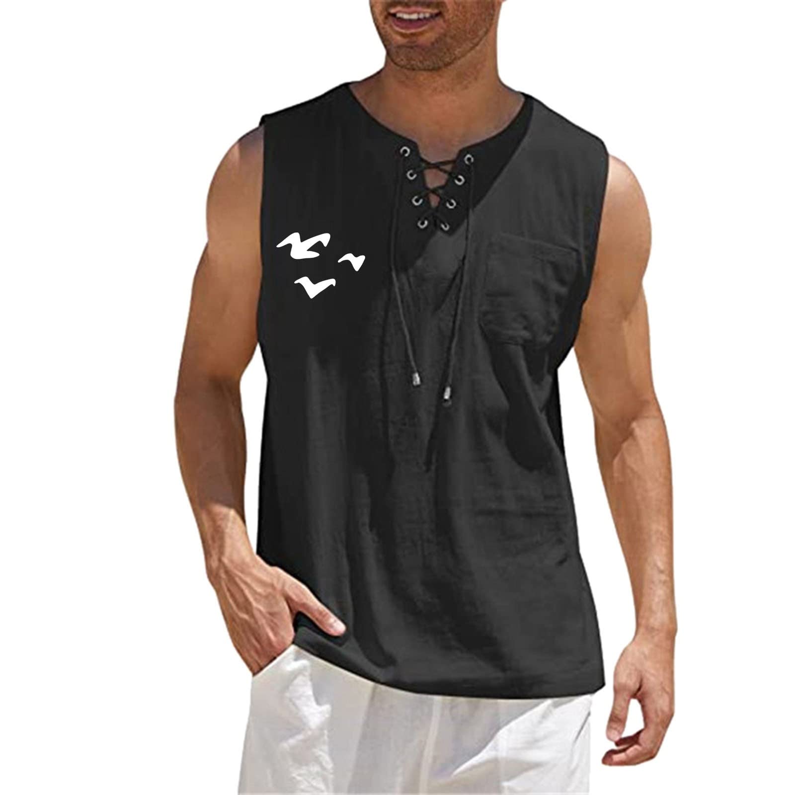 XXBR Men's Cotton Linen Tank Tops - Sleeveless V-Neck Graphic Print Shirts | Casual Relaxed Fit Beachwear for Summer, Music Festivals & Boho Style Outfits