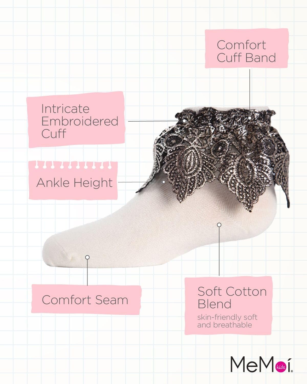 MeMoi Metallic Leaf Girls Cotton Blend Anklet Socks - Cute & Comfortable for School, Play & Everyday Wear