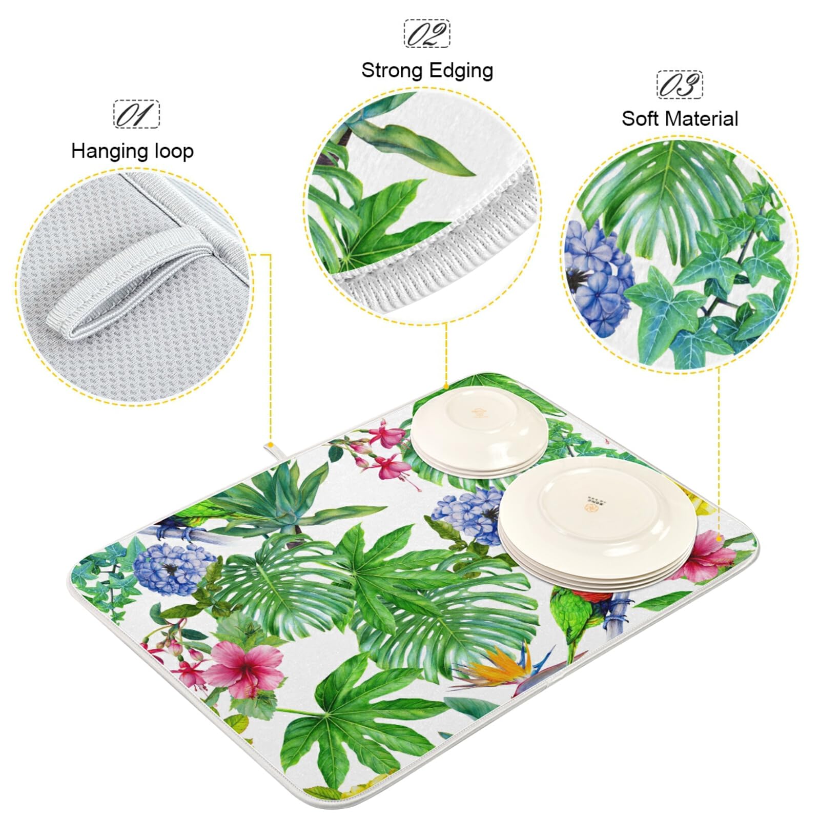 **Floral Dish Drying Mat – Absorbent Microfiber Kitchen Counter Drying Pad (16x18 Inches) – Washable & Quick-Dry for Dishes, Utensils, and Cookware – Perfect for Countertops, Sinks, and Dish Racks**