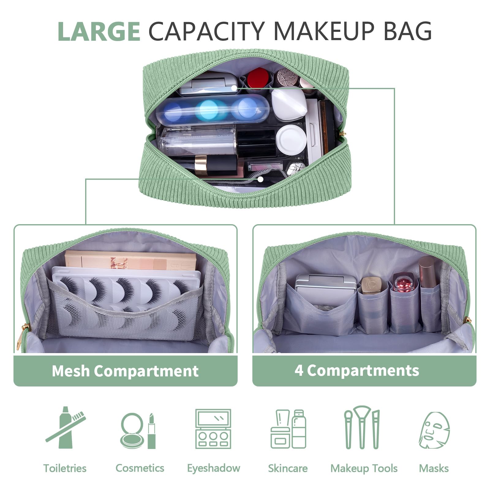 MAGEFY 2-Piece Corduroy Makeup Bag Set for Women - Small Preppy Cosmetic Pouch with Chenille Letter Patch (Green+SKIN & Blue+STUFF) | Travel Organizer, Gift for Her, Daily Essentials Storage