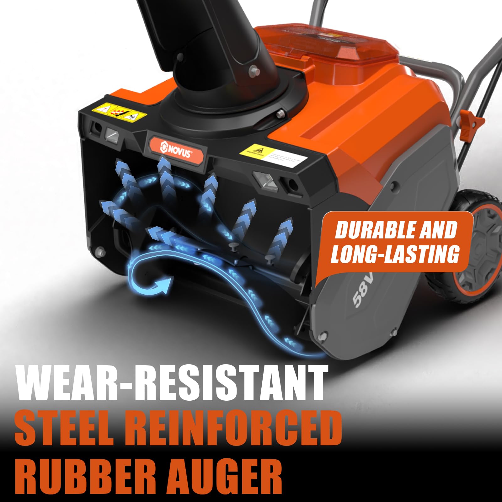NOVUS 18-Inch 58V Cordless Snow Blower with 5Ah Battery & Charger - Remote Chute Control, Brushless Motor, Rubber Steel Auger & LED Lights - Perfect for Driveways, Sidewalks & Home Snow Removal