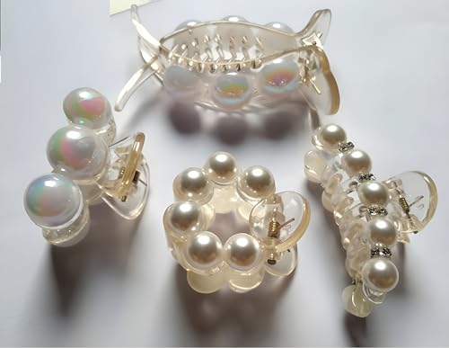 Korean Fashion Large Pearl Hair Claw Clips for Women - 4-Piece Set of Stylish Barrettes & Jaw Clutches for Long Hair | Perfect for Weddings, Parties & Daily Styling